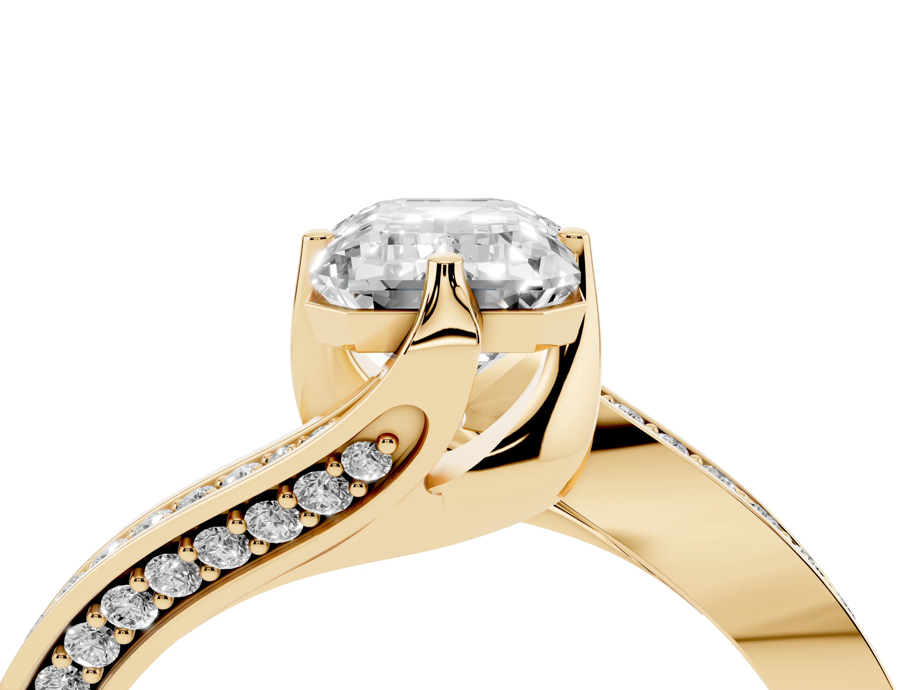 Emerald Cut Diamond Solitaire Ring Set in Yellow gold with Intertwined Pavé Twist Band