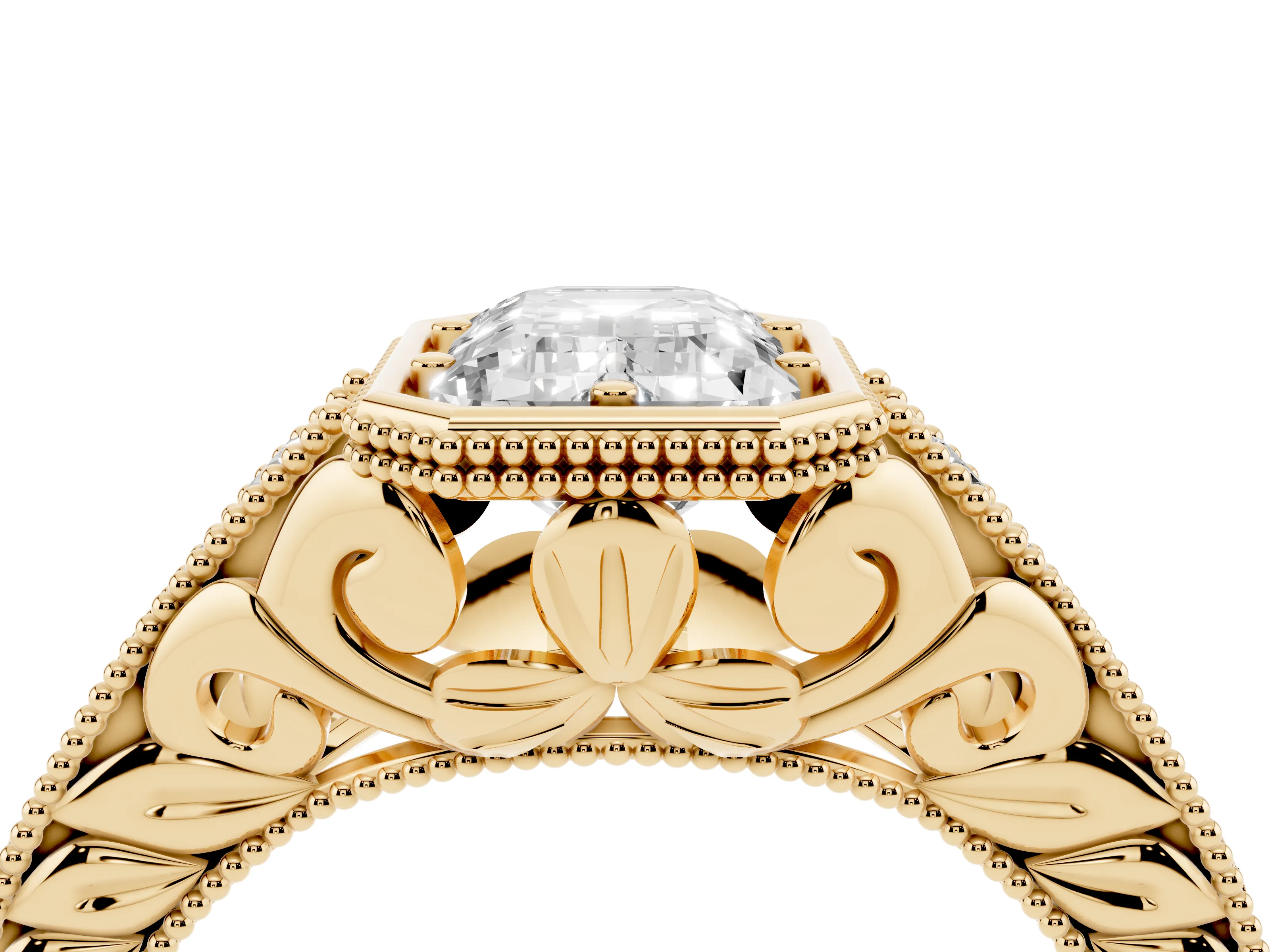 Bezel Set Emerald Cut Diamond Milgrain Pavé Engagement Ring Set in Yellow gold