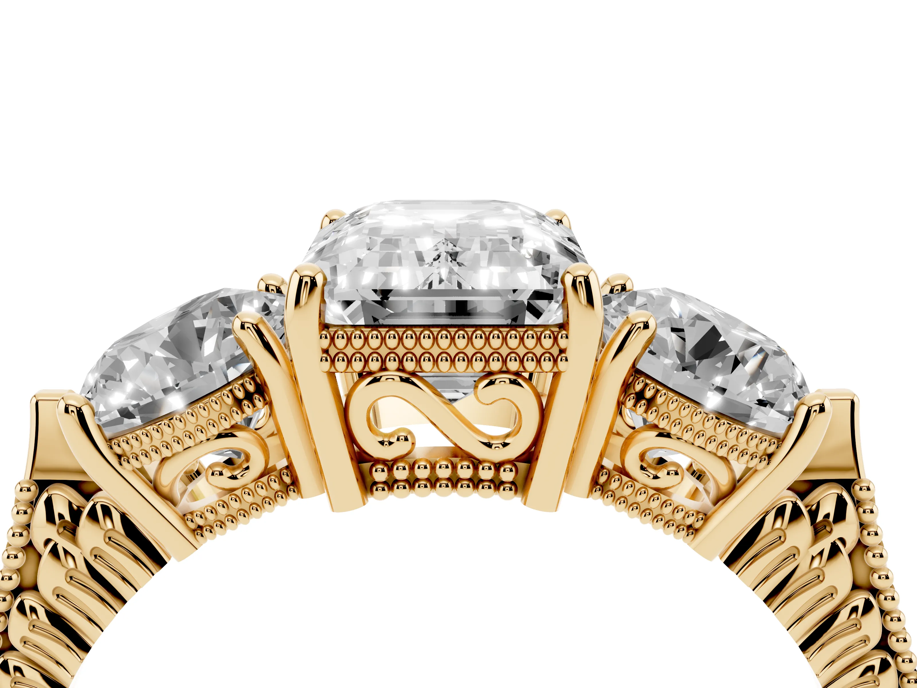 Emerald Cut Diamond Three-Stone Ring Set in Yellow gold with Milgrain Band