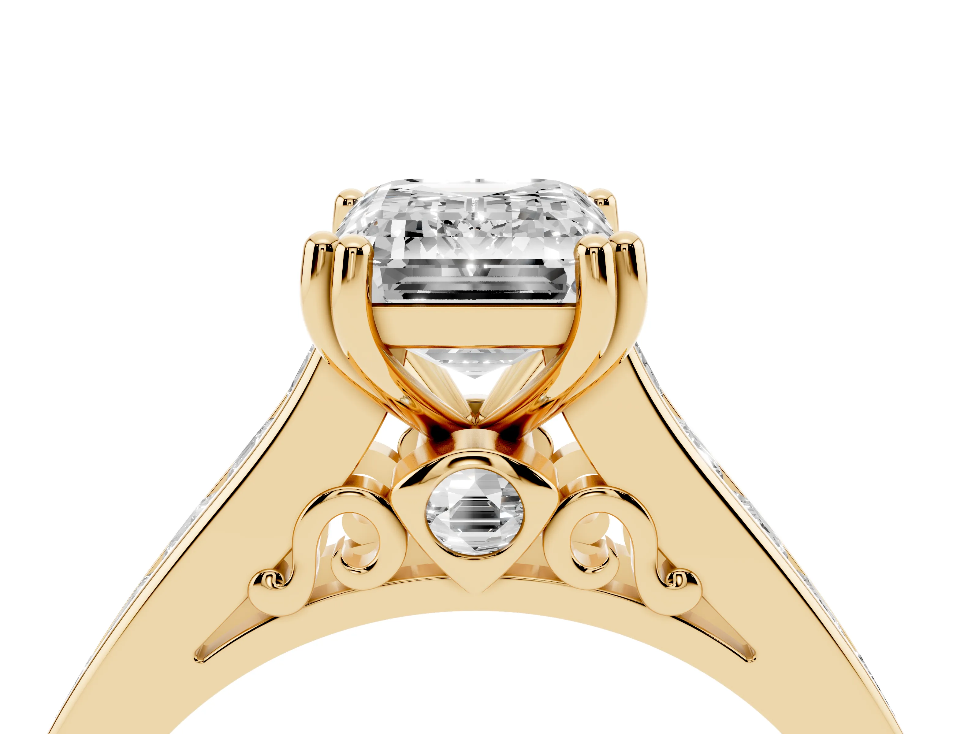 Emerald Cut Diamond Channel Set Solitaire Engagement Ring Set in Yellow gold with Prong Setting