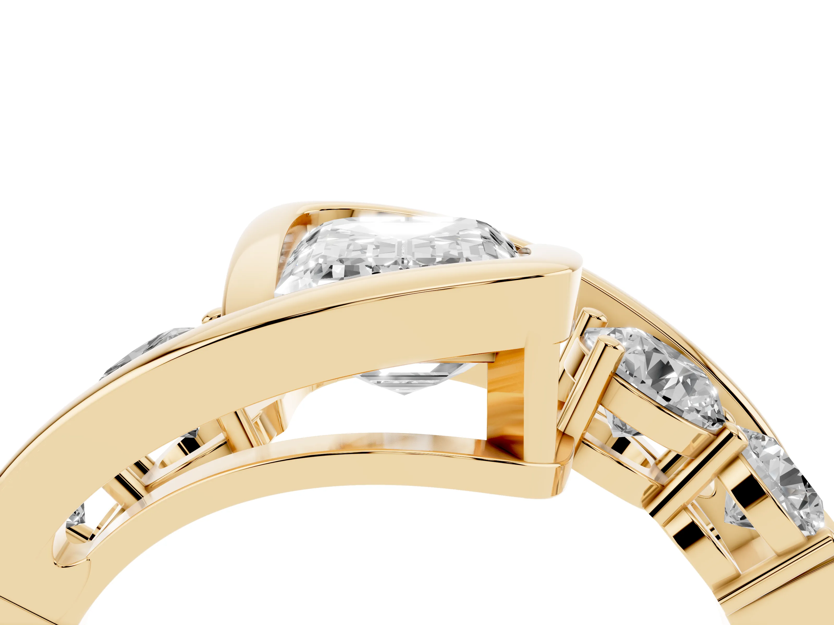 Emerald Cut Diamond Bezel Bypass Ring Set in Yellow gold with Round Accents