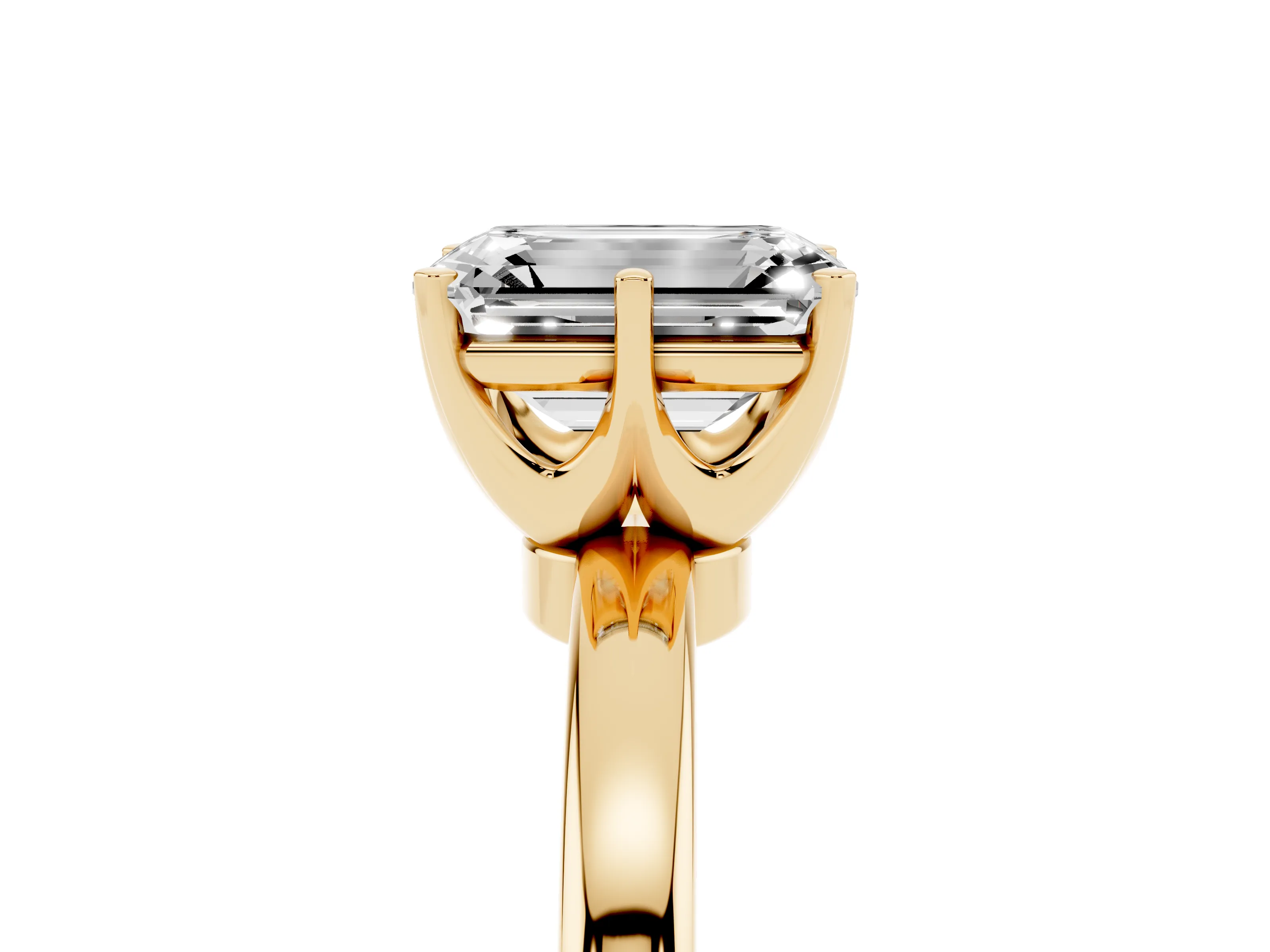 Emerald Cut Diamond Solitaire Ring Set in Yellow gold with Raised Prong Setting on a Classic Band