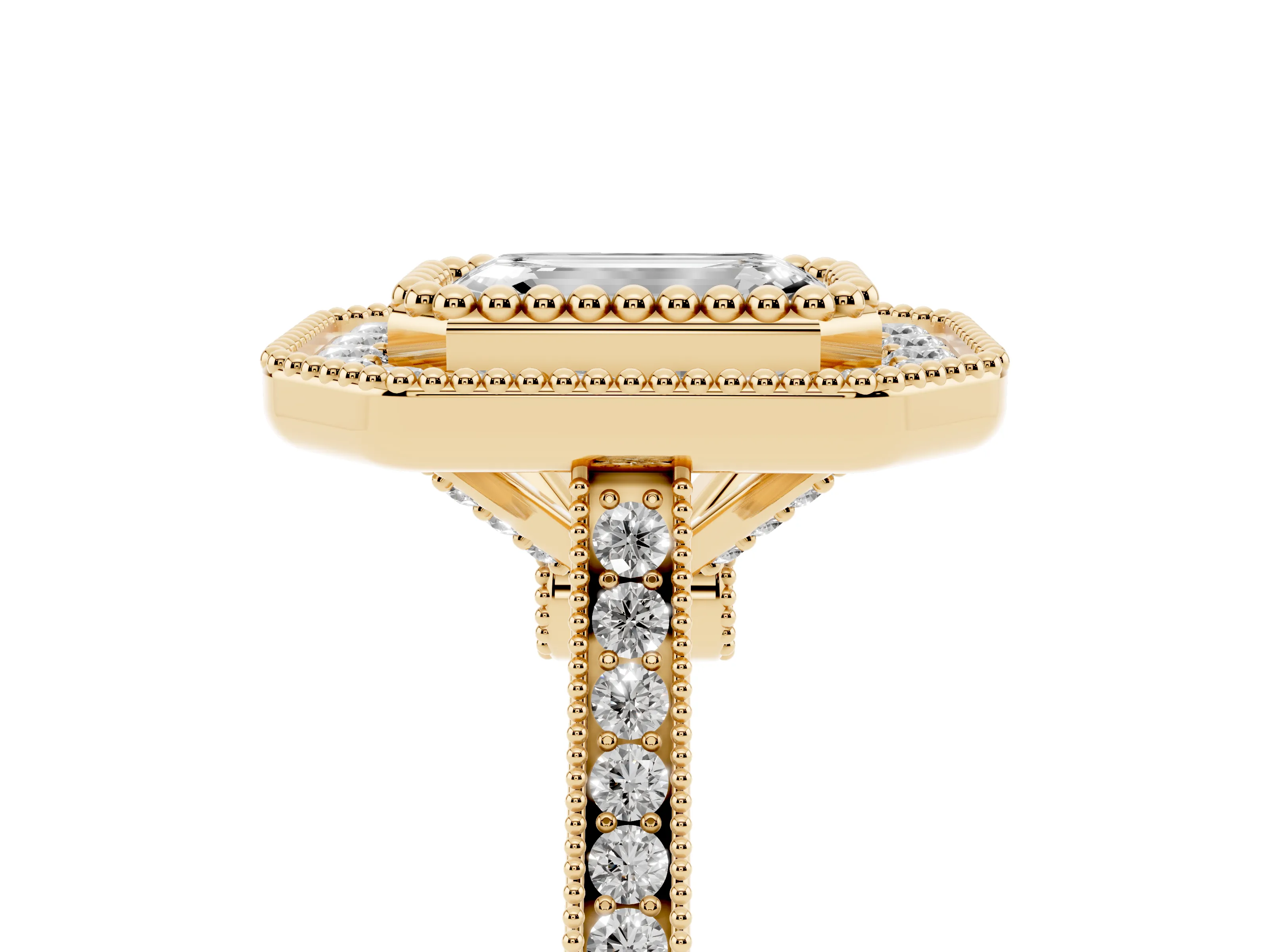 Emerald Cut Diamond Halo Ring Set in Yellow gold with Milgrain Frame and Pavé Band
