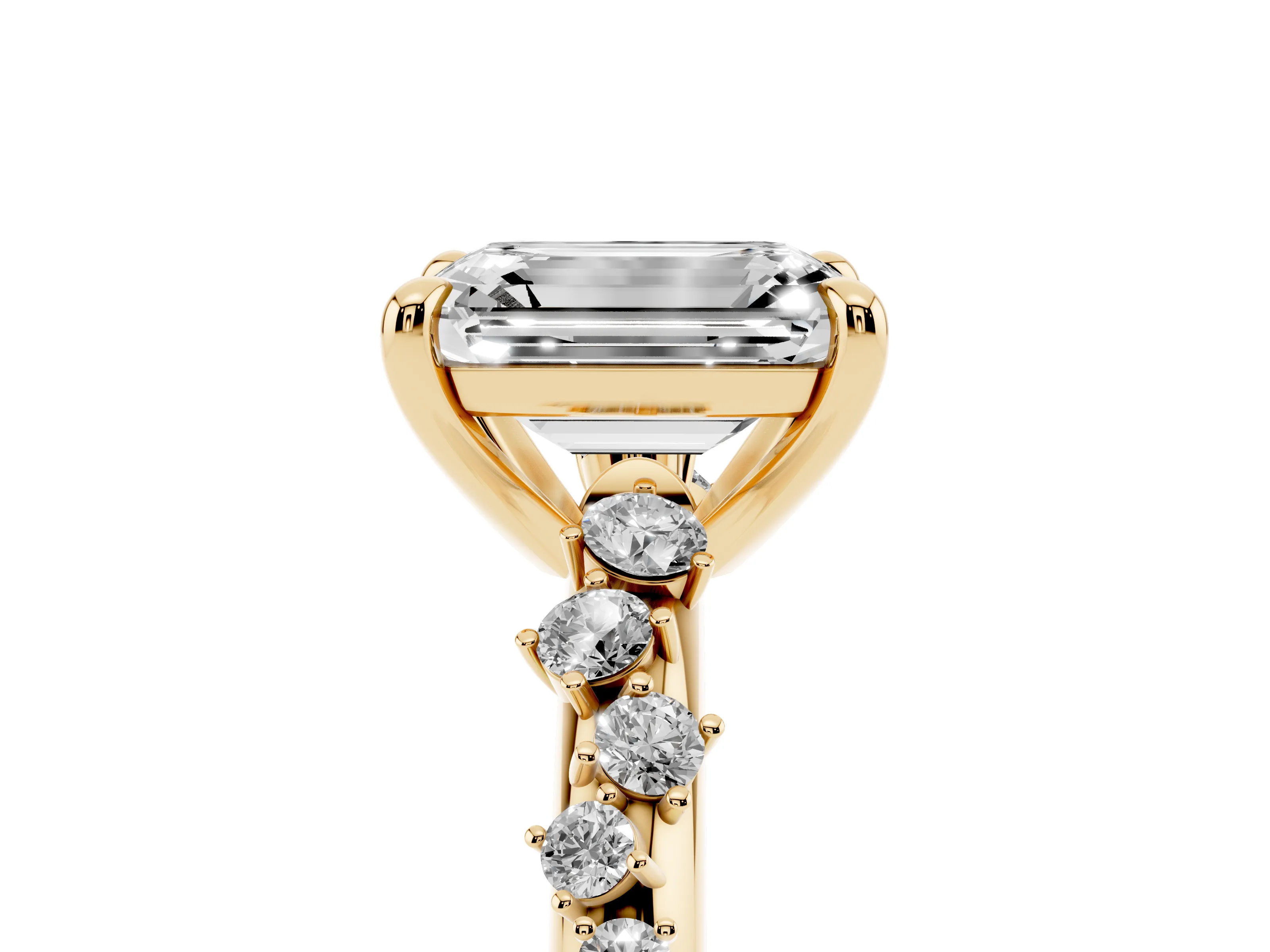 Emerald Cut Diamond Solitaire Vine Band Ring Set in Yellow gold with Round Accents and Prong Setting