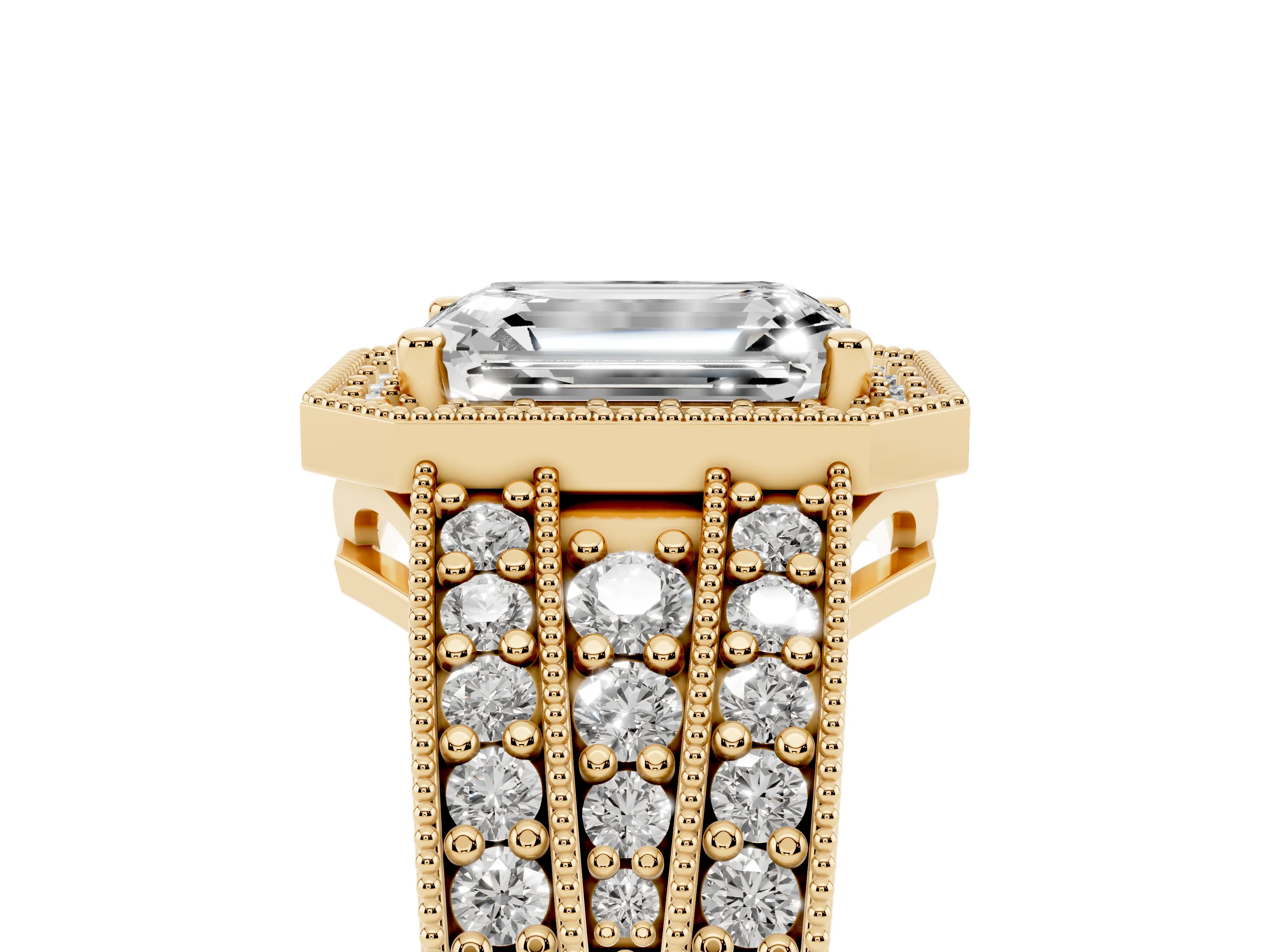 Emerald Cut Diamond Halo Ring Set in Yellow gold with Accent Split Shank and Prong Setting