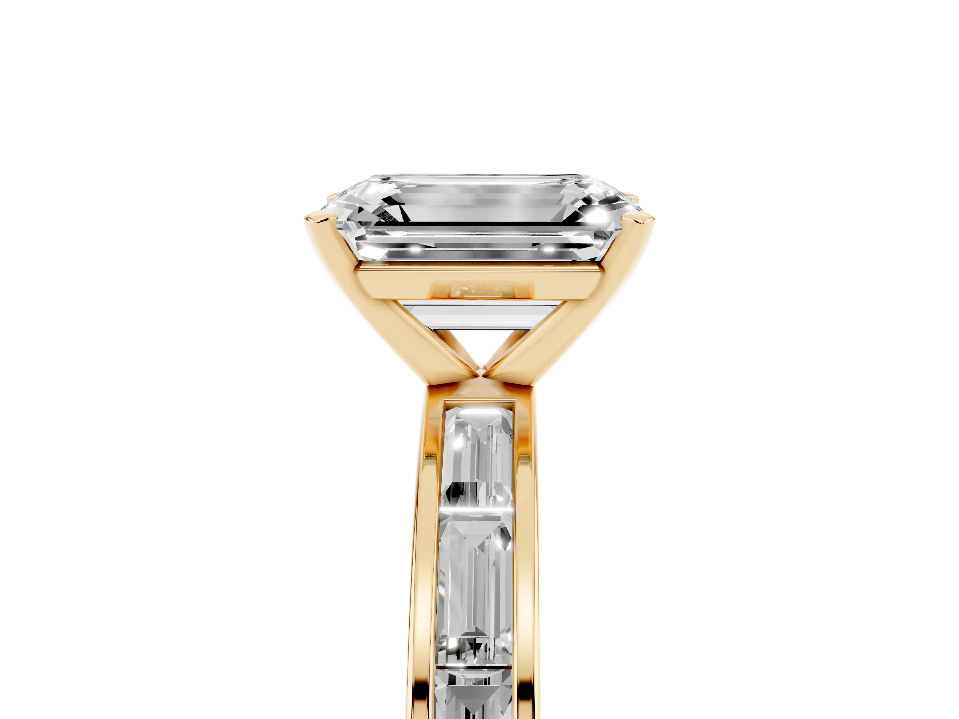 Emerald Cut Diamond Solitaire Ring Set in Yellow gold with Channel-Set Baguette Band and Prong Setting