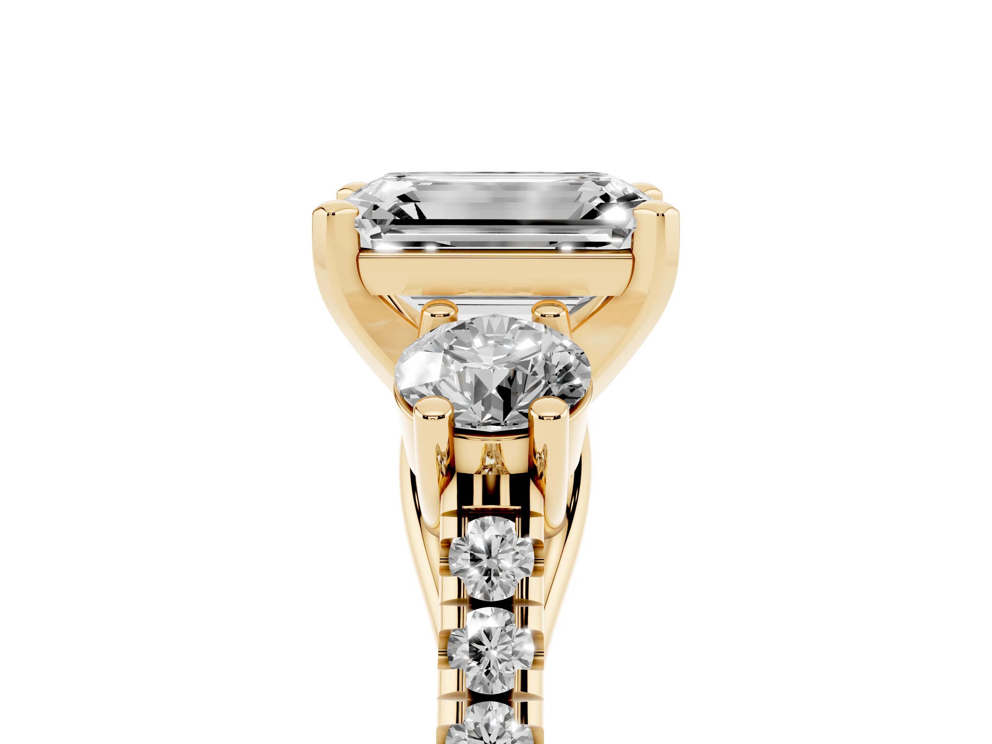 Three-Stone Emerald Cut Diamond Pavé Band Ring Set in Yellow gold with Prong-Set Trio