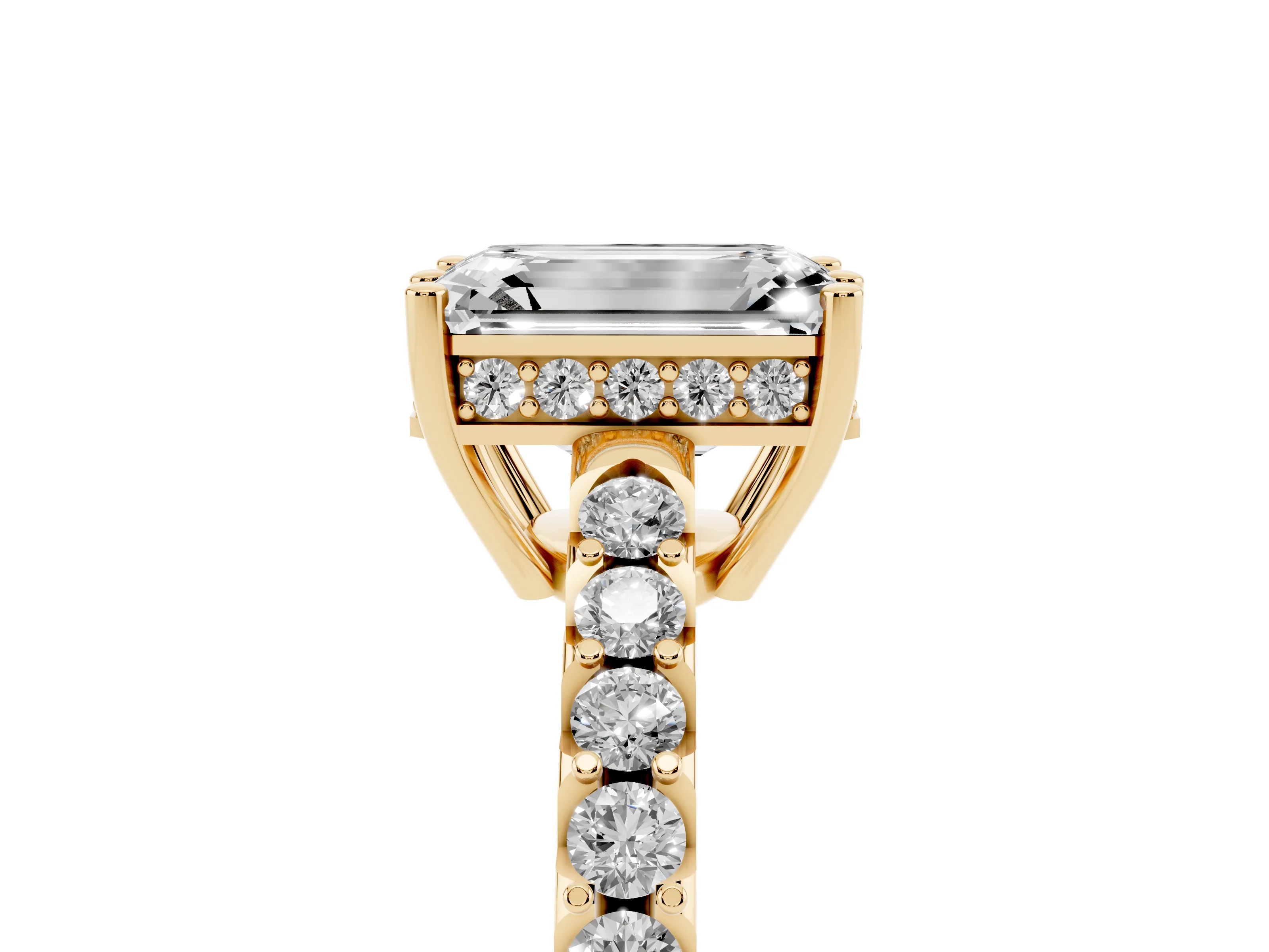 Emerald Cut Diamond Solitaire Engagement Ring Set in Yellow gold with Pavé Band and Prong Setting
