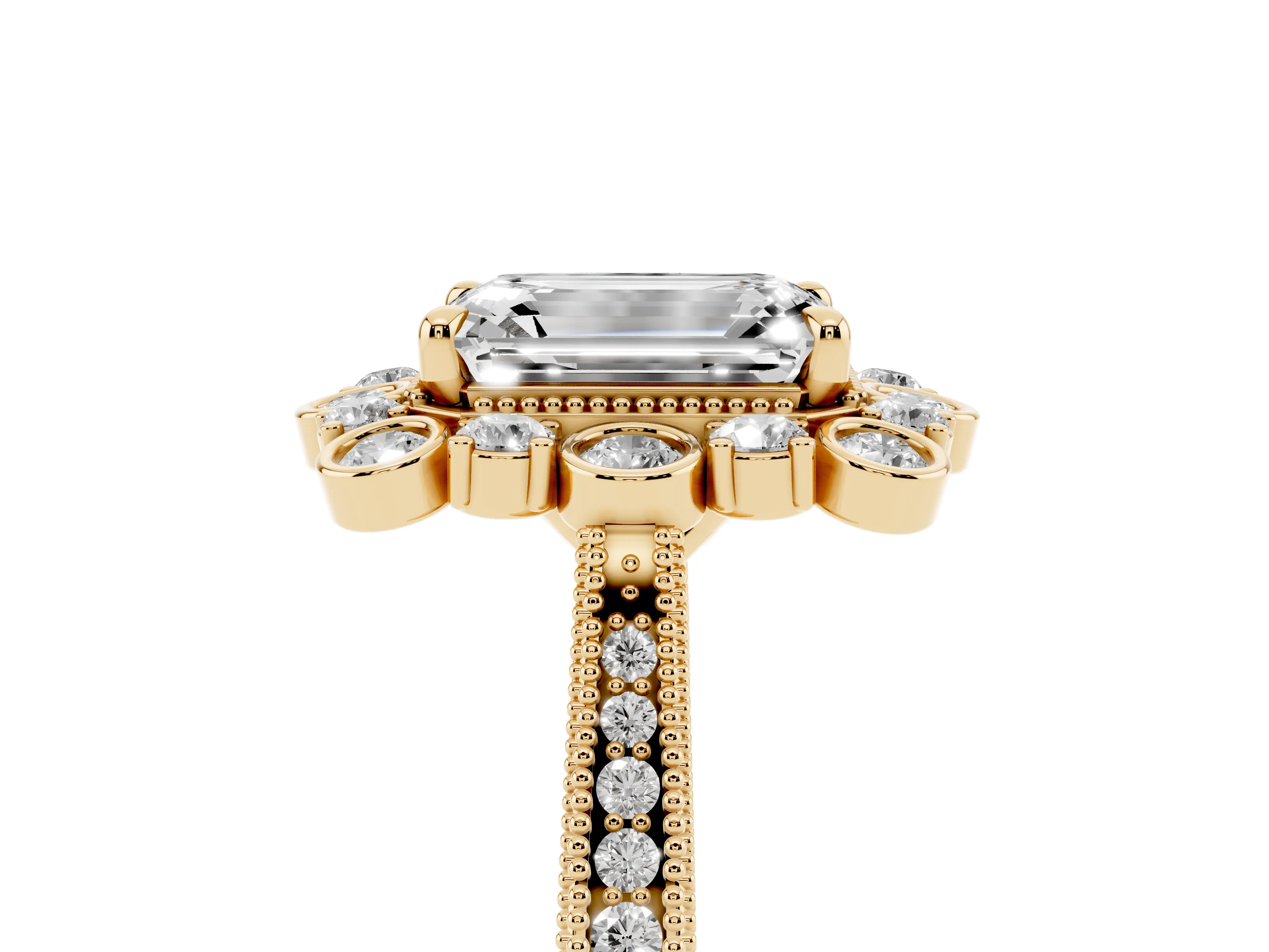 Emerald Cut Diamond Halo Milgrain Pavé Ring Set in Yellow gold with Prong Setting
