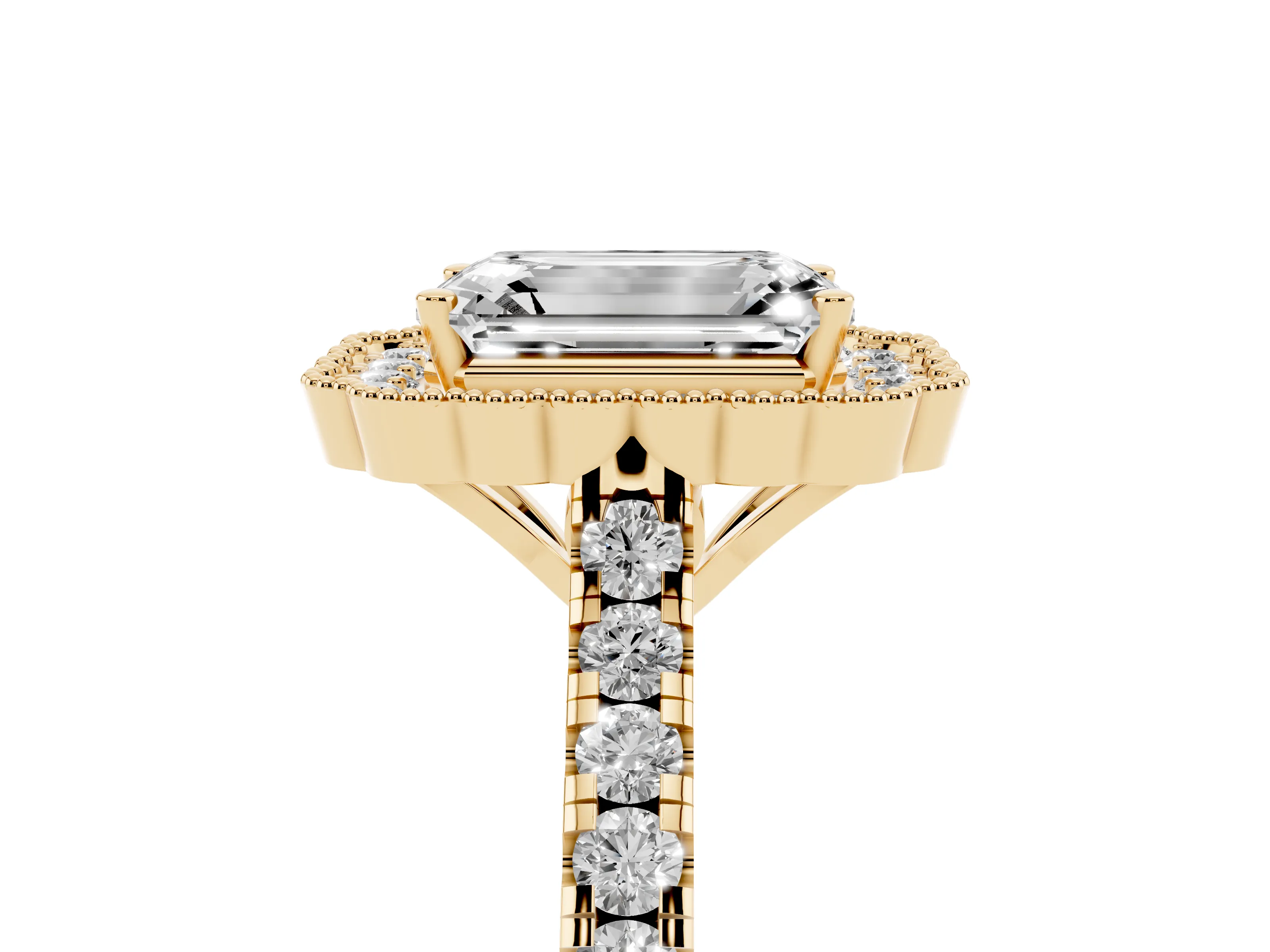 Emerald Cut Diamond Milgrain Floral Halo Engagement Ring Set in Yellow gold with Pavé Band
