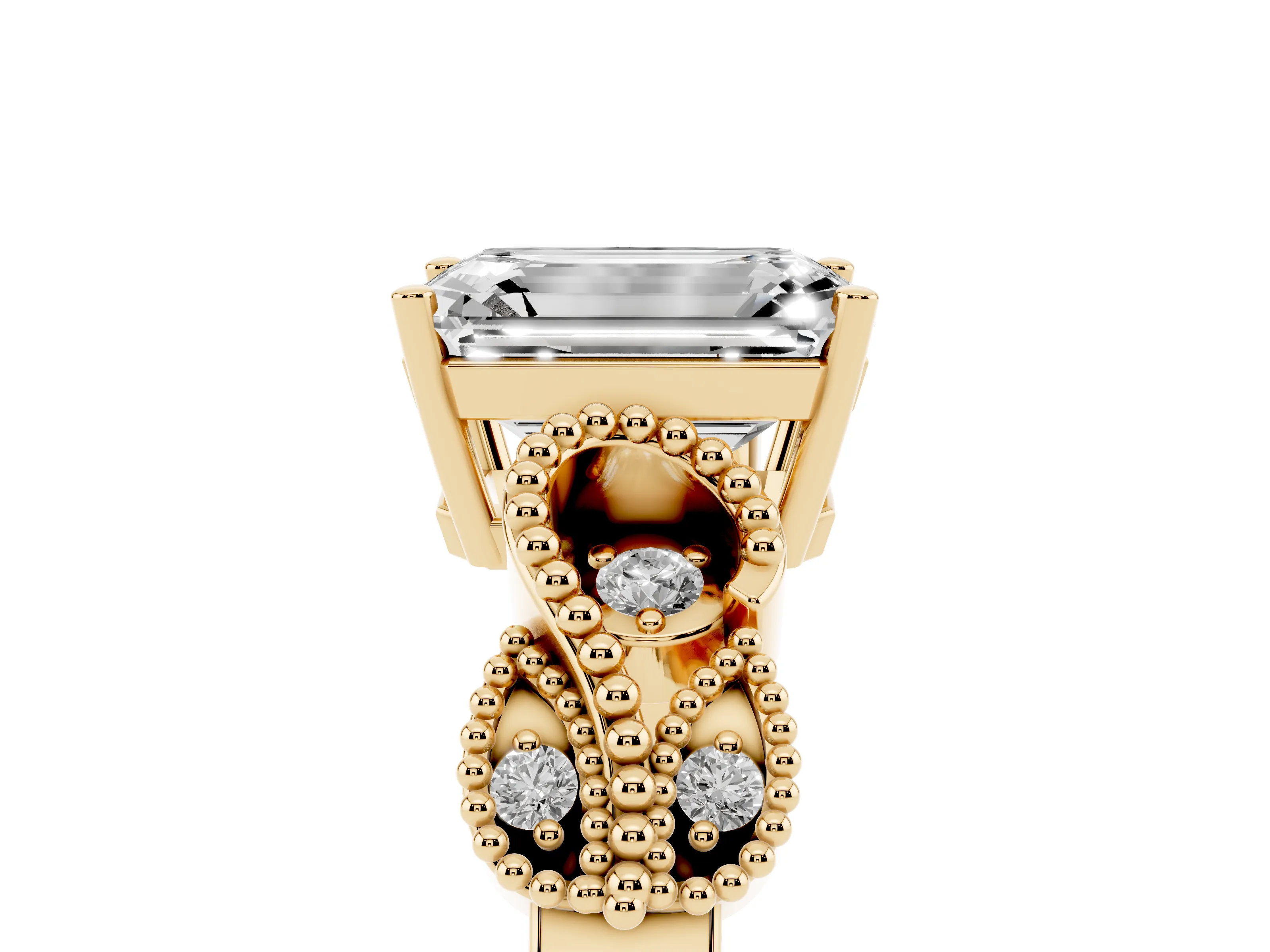 Emerald Cut Diamond Milgrain Leaf Band Solitaire Ring Set in Yellow gold with Accent Stones and Prong Setting