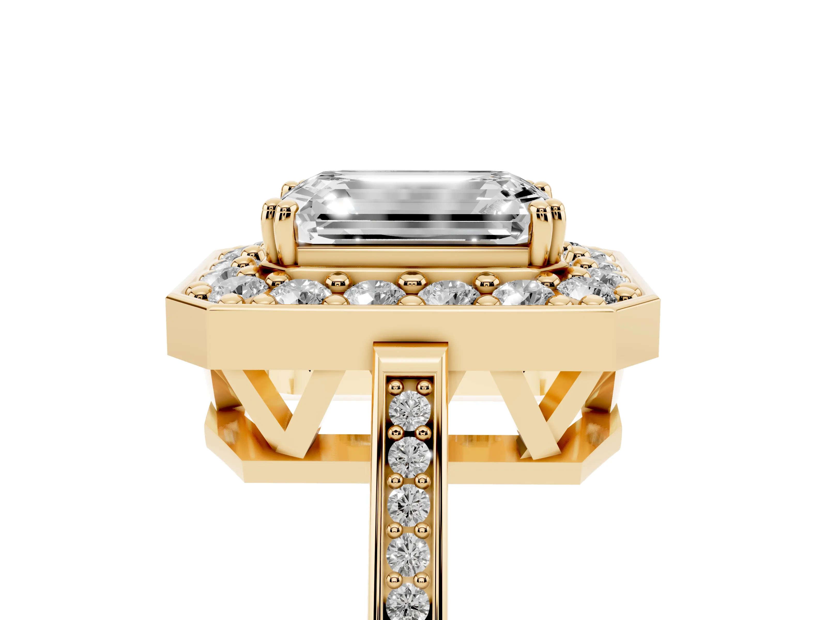 Emerald Cut Diamond Halo Ring Set in Yellow gold with Accent-Lined Split Shank and Prong Setting