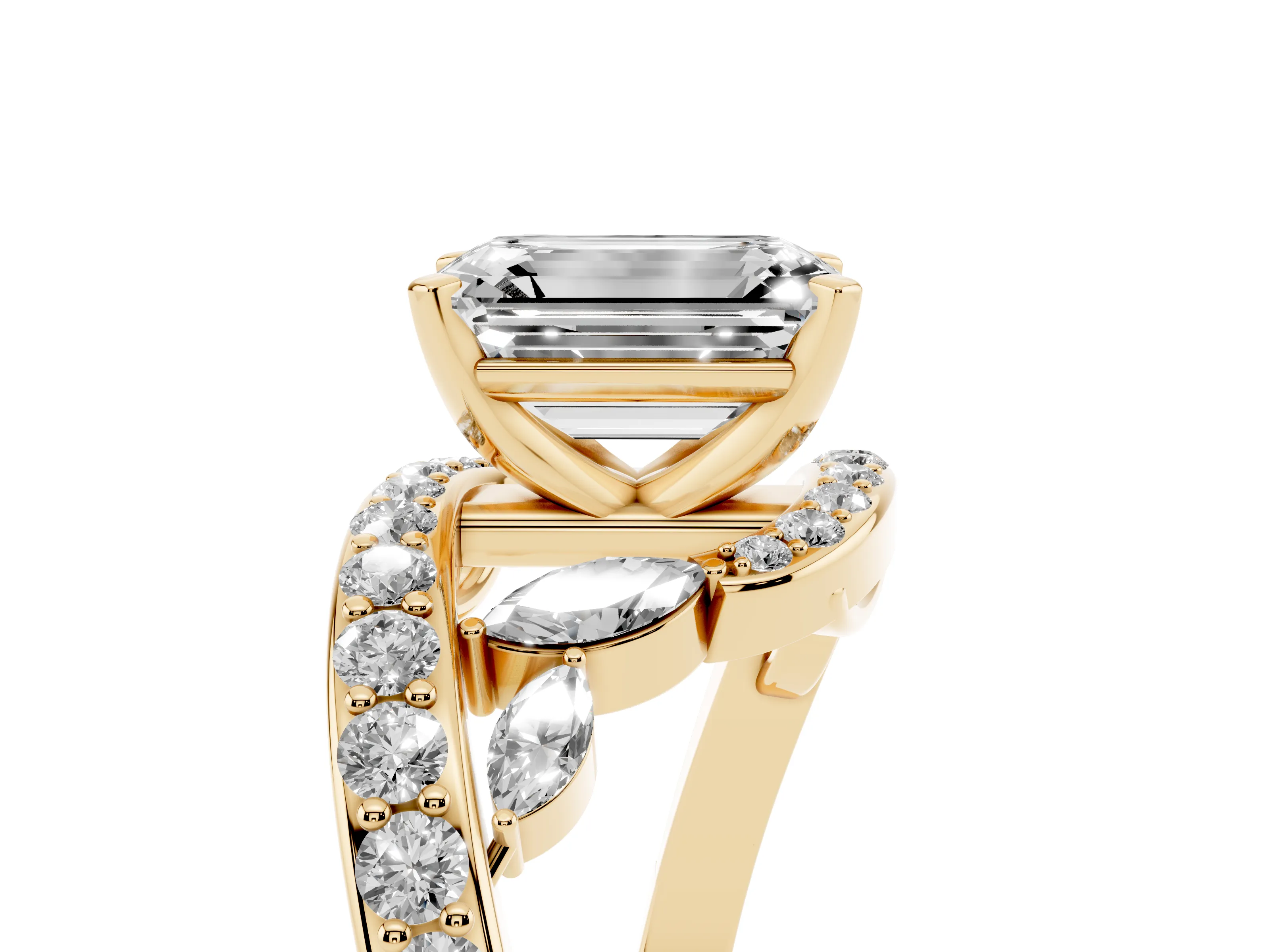 Emerald Cut Diamond Solitaire Ring Set in Yellow gold with Pavé Twist Band and Secure Prong Setting