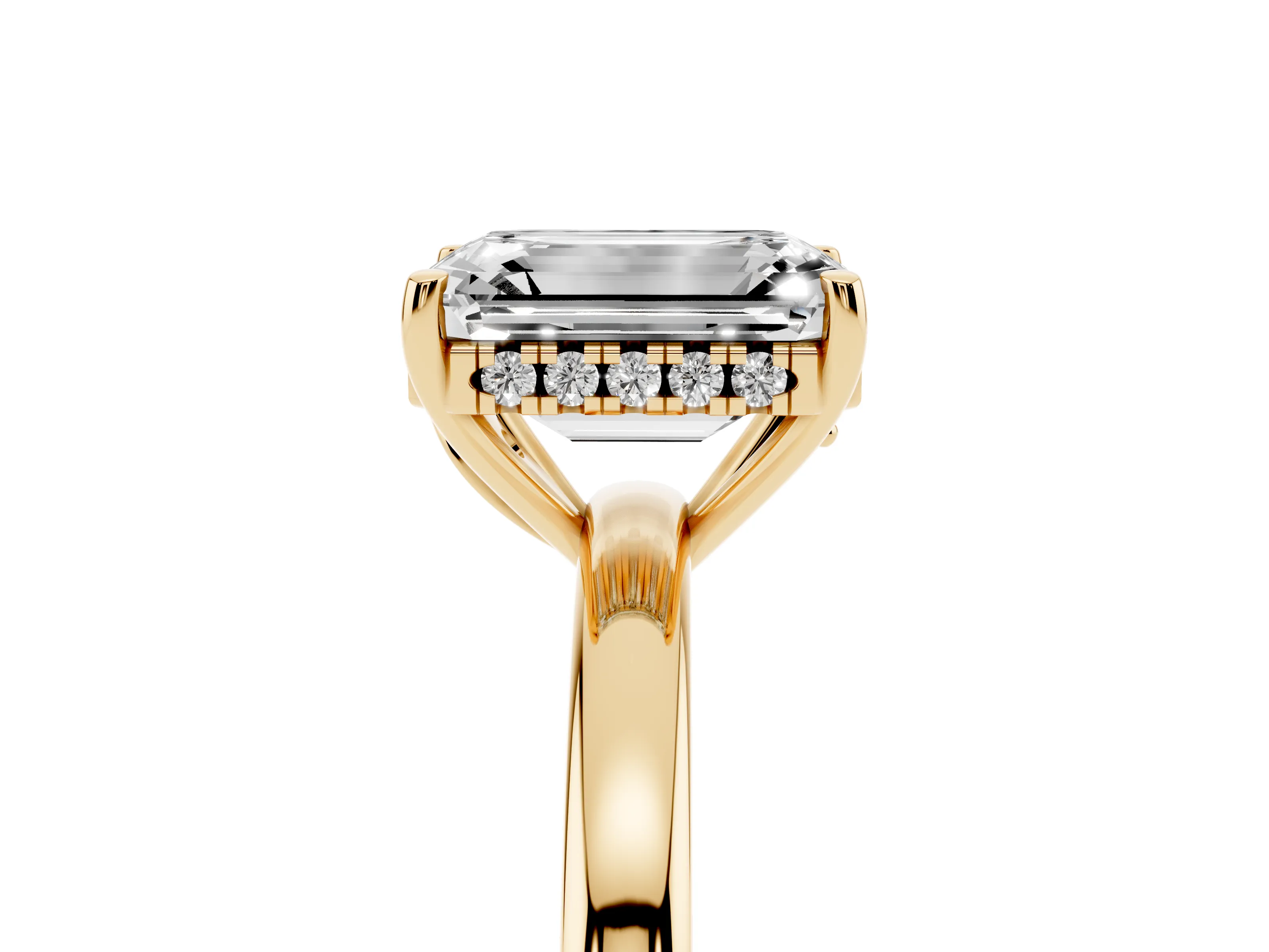 Emerald Cut Diamond Solitaire Ring Set in Yellow gold with Plain Band and Prong Setting