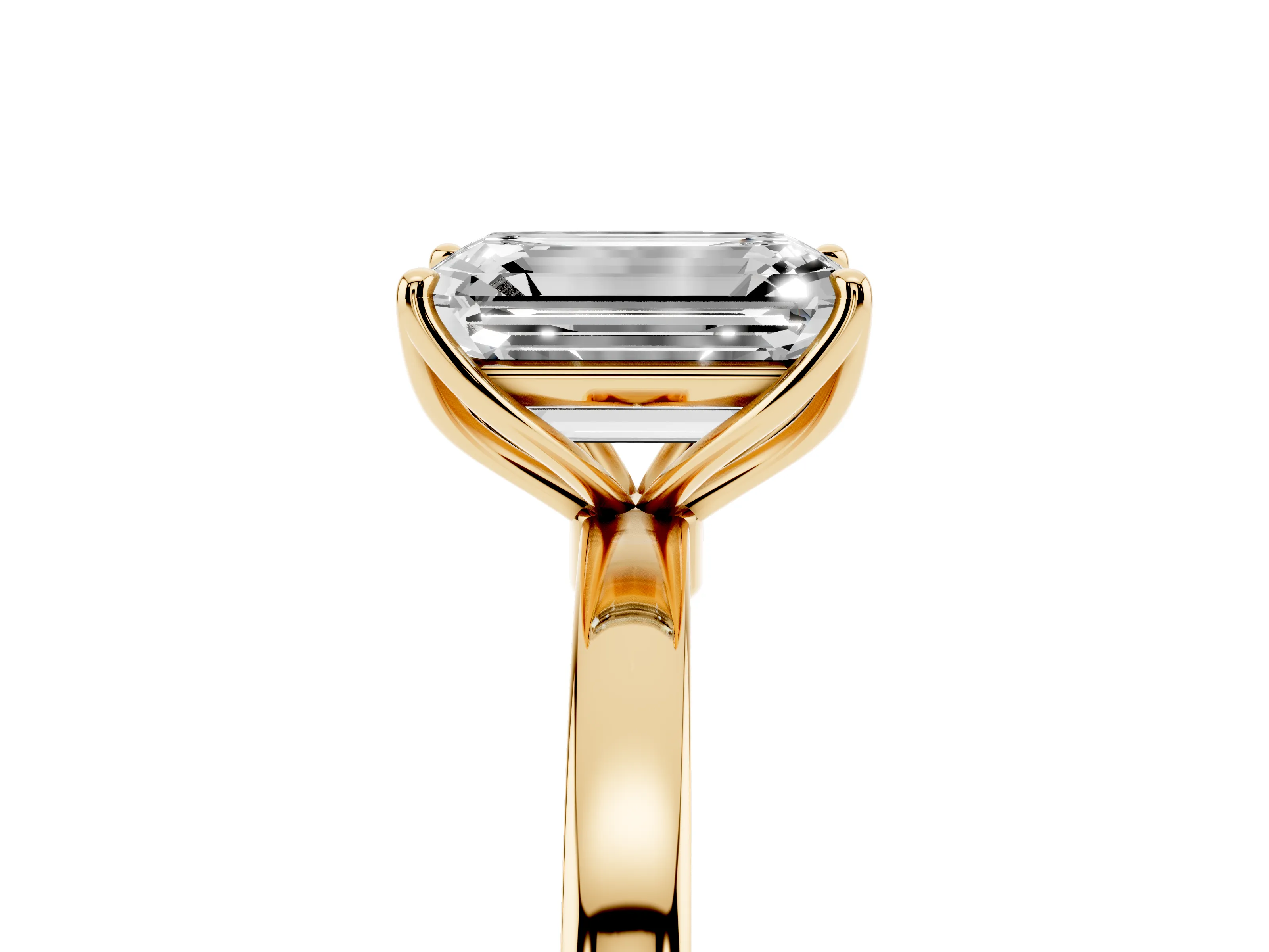 Emerald Cut Diamond Solitaire Ring Set in Yellow gold with Prong Setting and Thin Polished Band