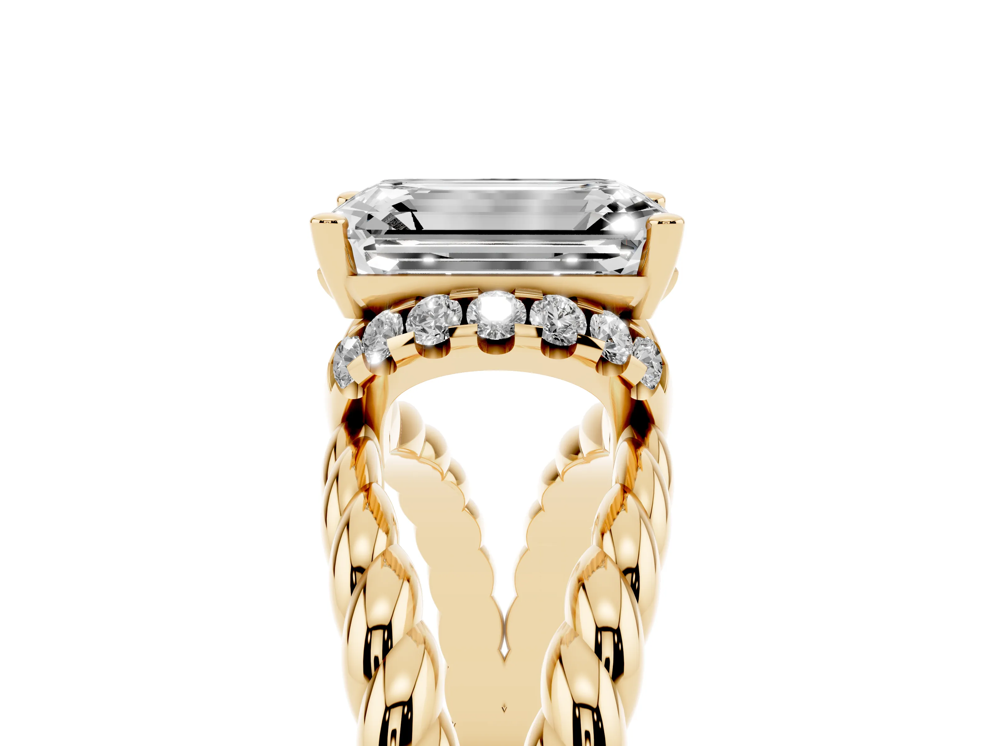 Emerald Cut Diamond Halo Ring Set in Yellow gold with Twisted Band and Prong Setting