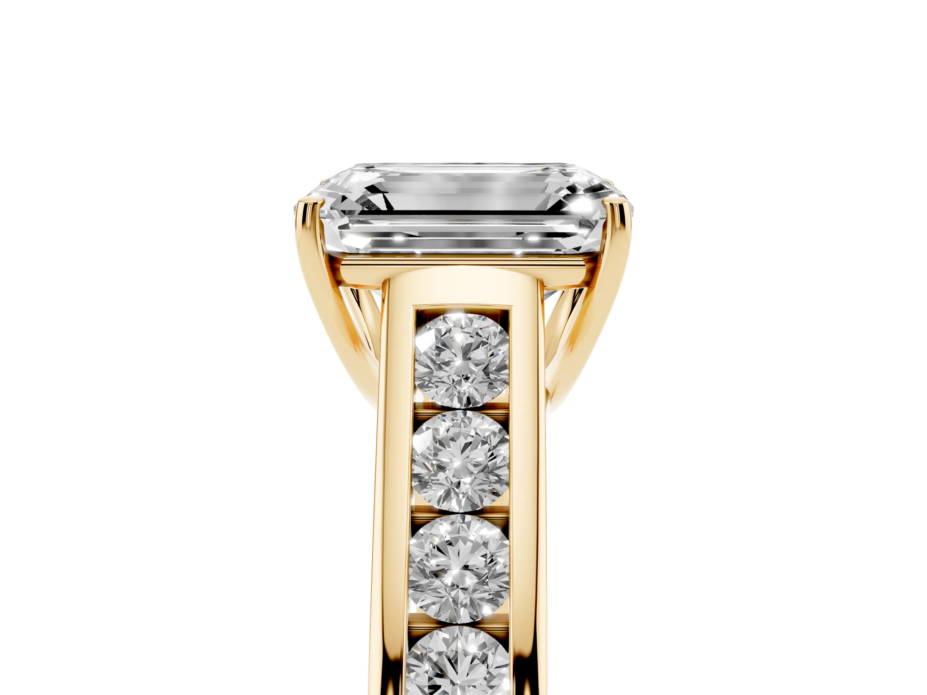 Emerald Cut Diamond Solitaire Channel-Set Engagement Ring Set in Yellow gold with Prong Setting