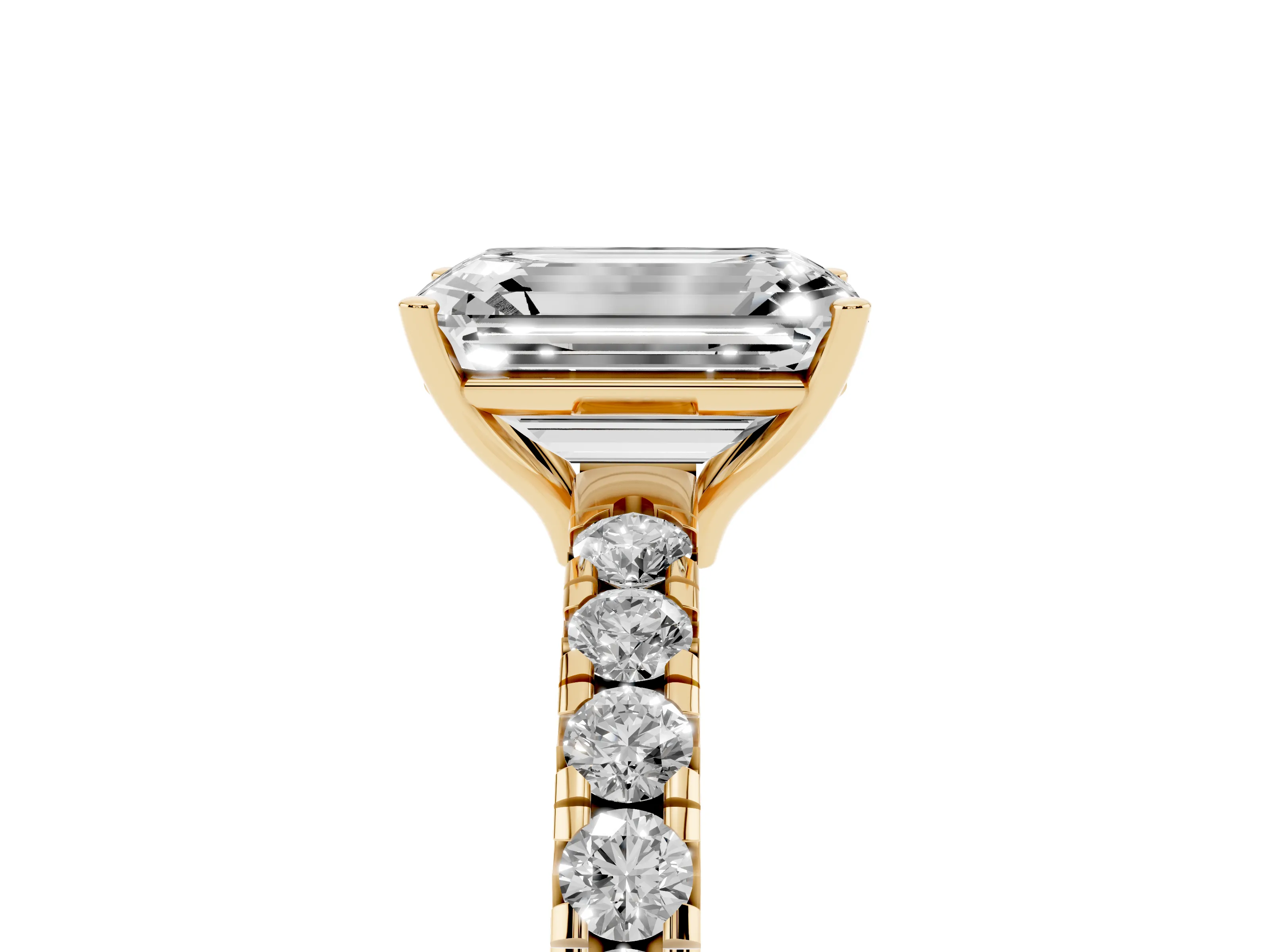 Emerald Cut Diamond Pavé Solitaire Engagement Ring Set in Yellow gold with Prong Setting