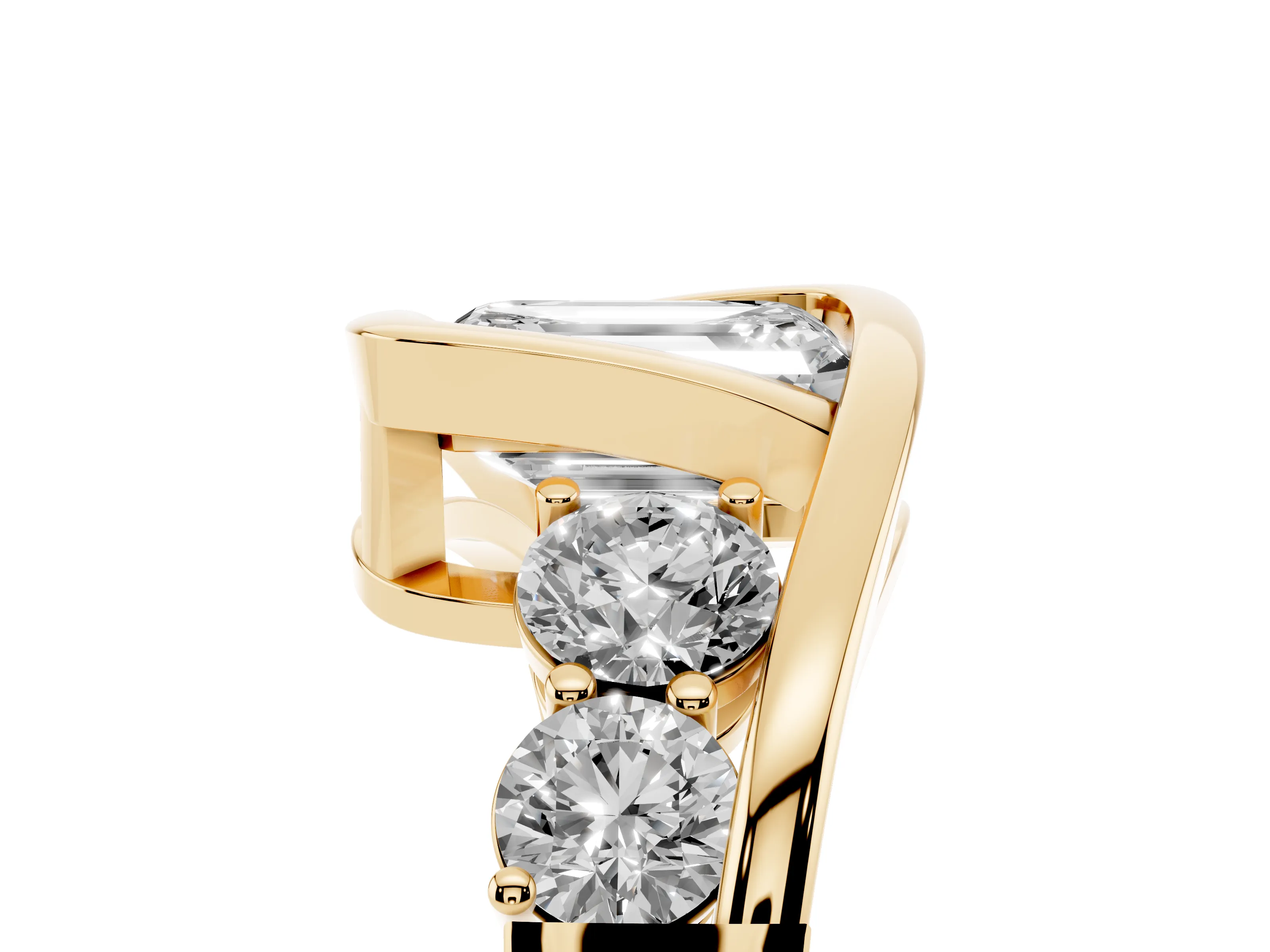 Emerald Cut Diamond Bezel Bypass Ring Set in Yellow gold with Round Accents