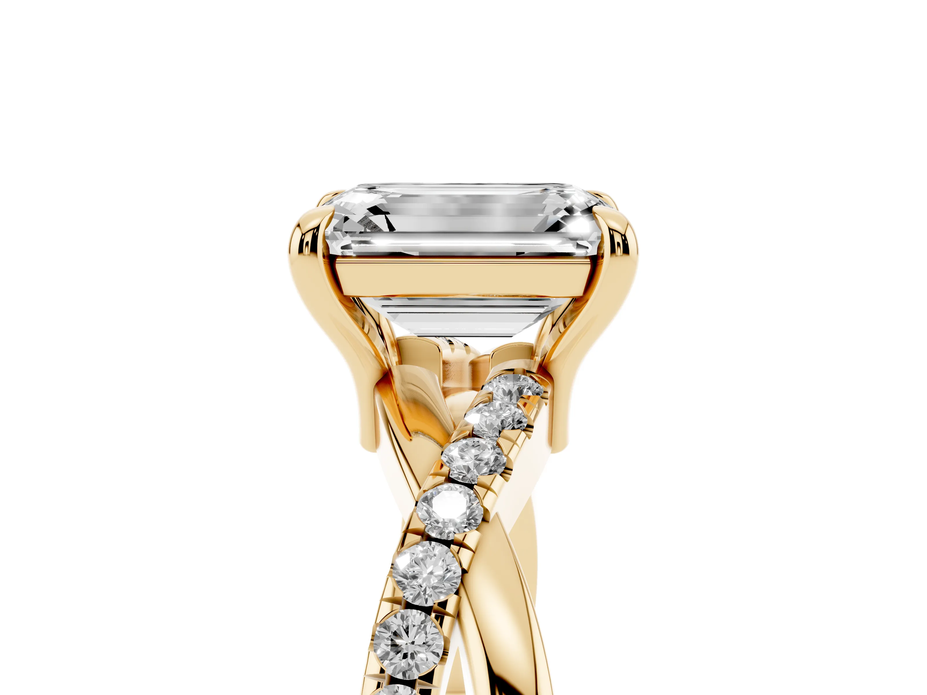 Emerald Cut Diamond Twist Band Pavé Solitaire Ring Set in Yellow gold with Prong Setting