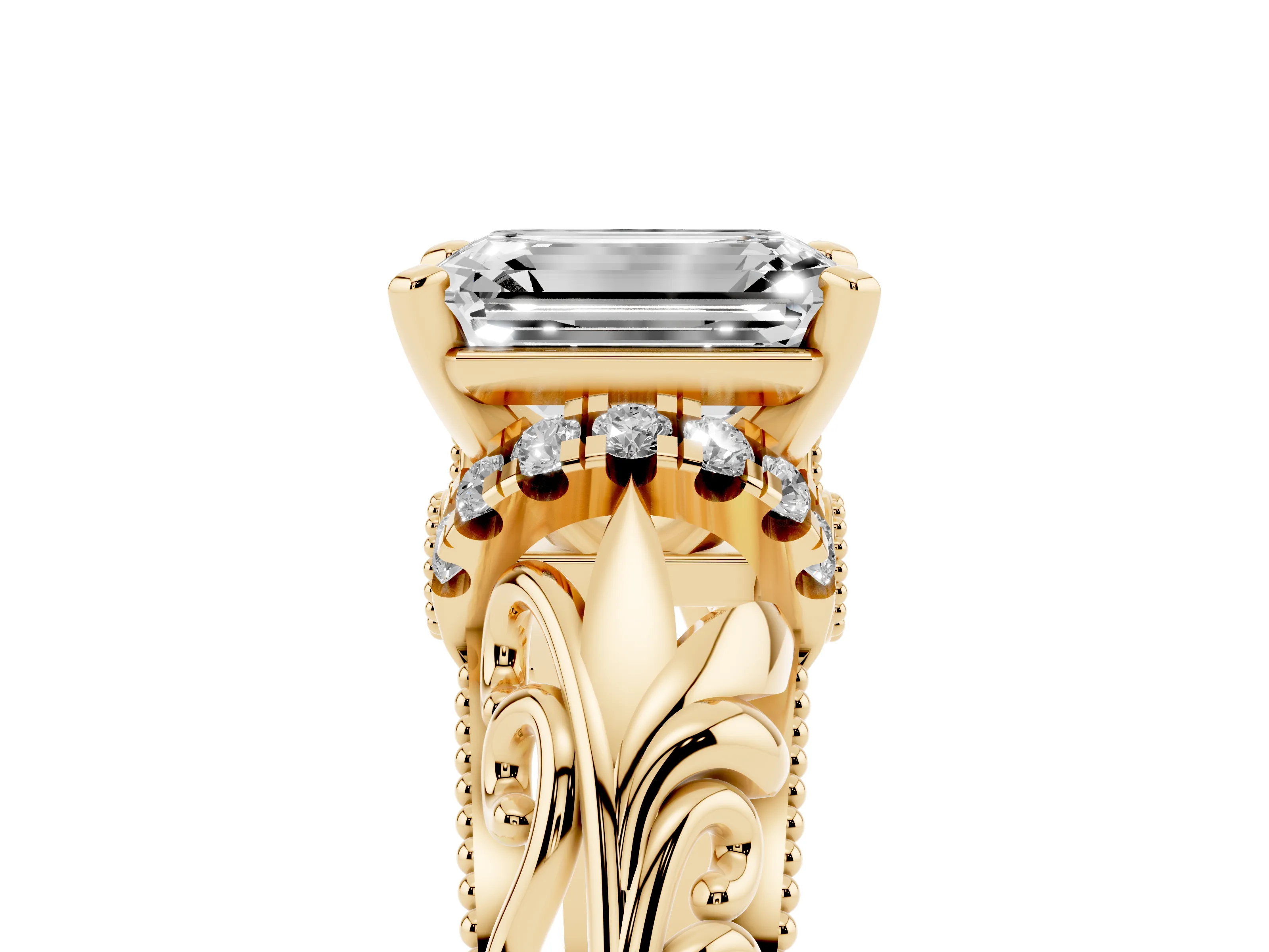Emerald Cut Diamond Filigree Halo Engagement Ring Set in Yellow gold with Prong Setting