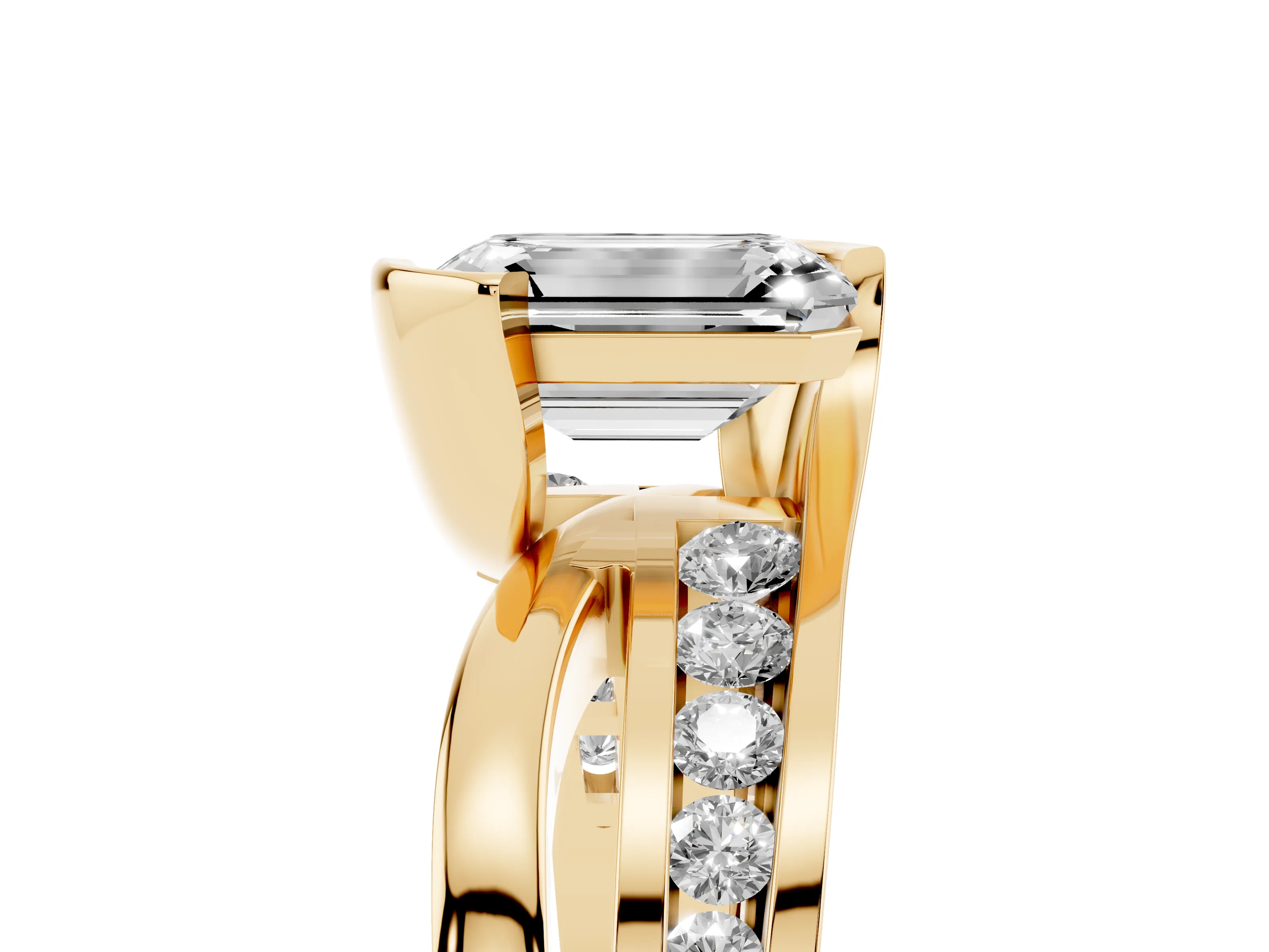 Emerald Cut Diamond Solitaire Ring Set in Yellow gold with Channel Set Split Shank and Tension Prongs