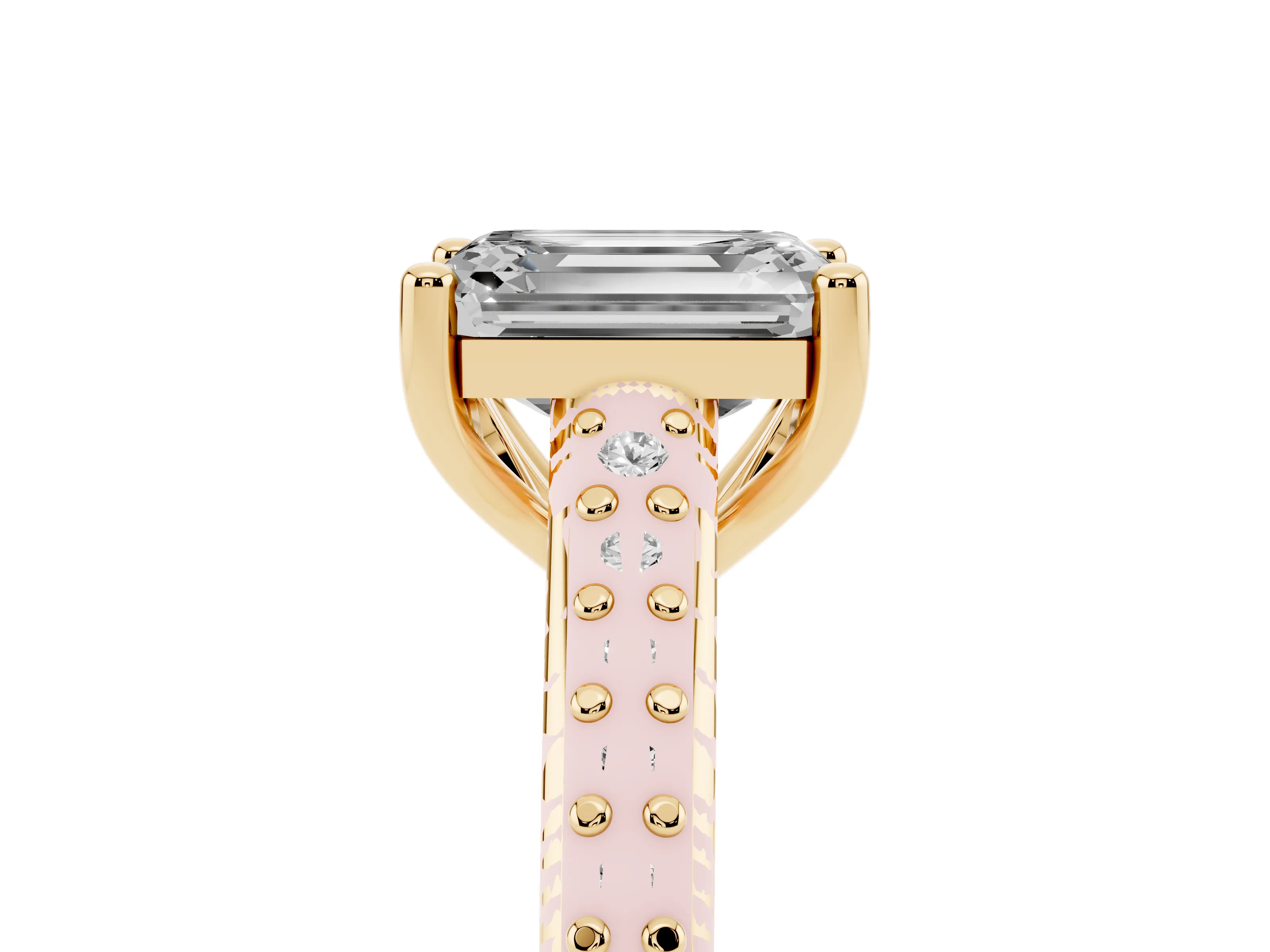 Emerald Cut Diamond Prong Set Solitaire Engagement Ring Set in Yellow gold with Pavé Band