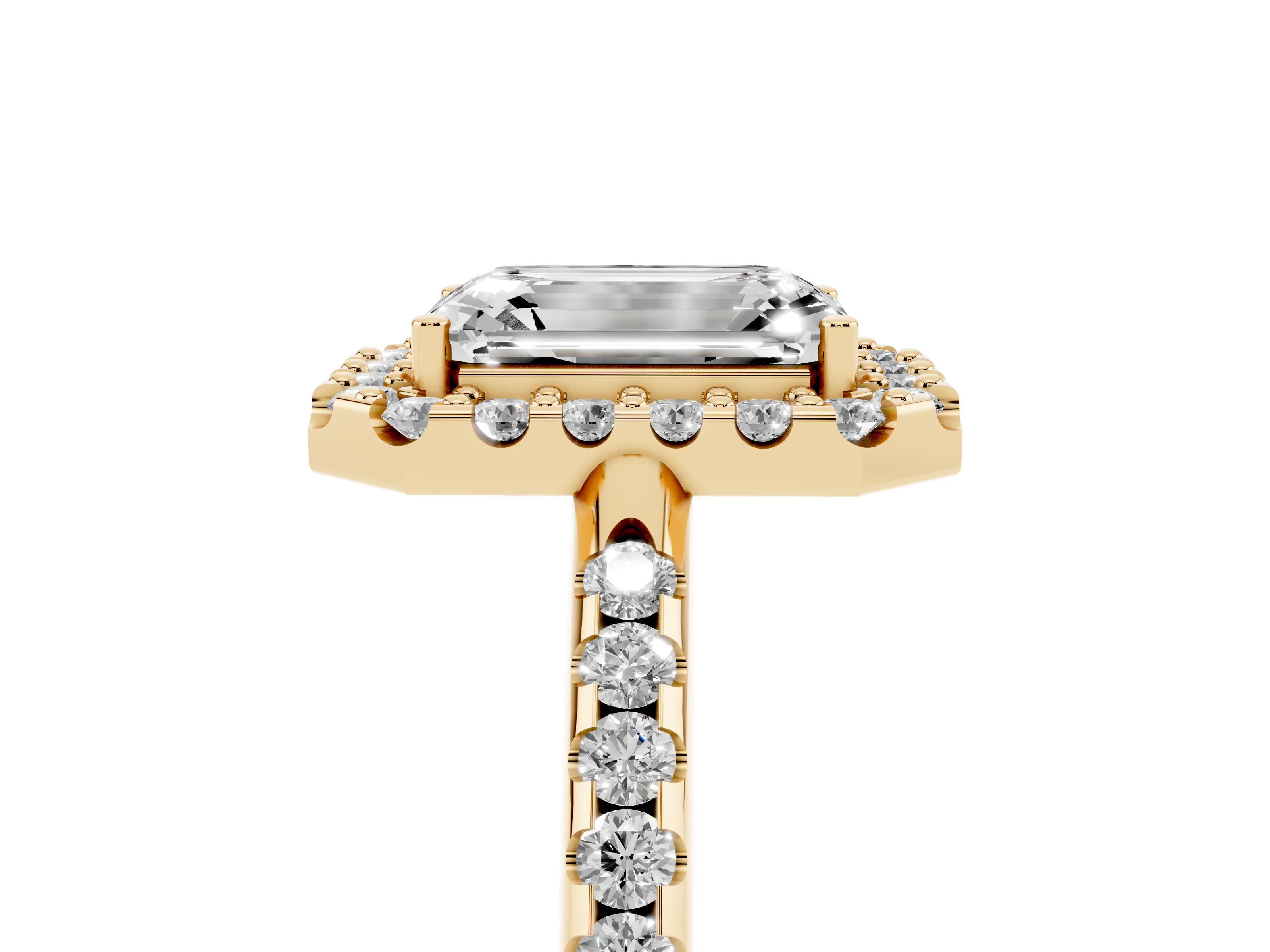 Emerald Cut Diamond Pavé Halo Ring Set in Yellow gold with Prong Setting