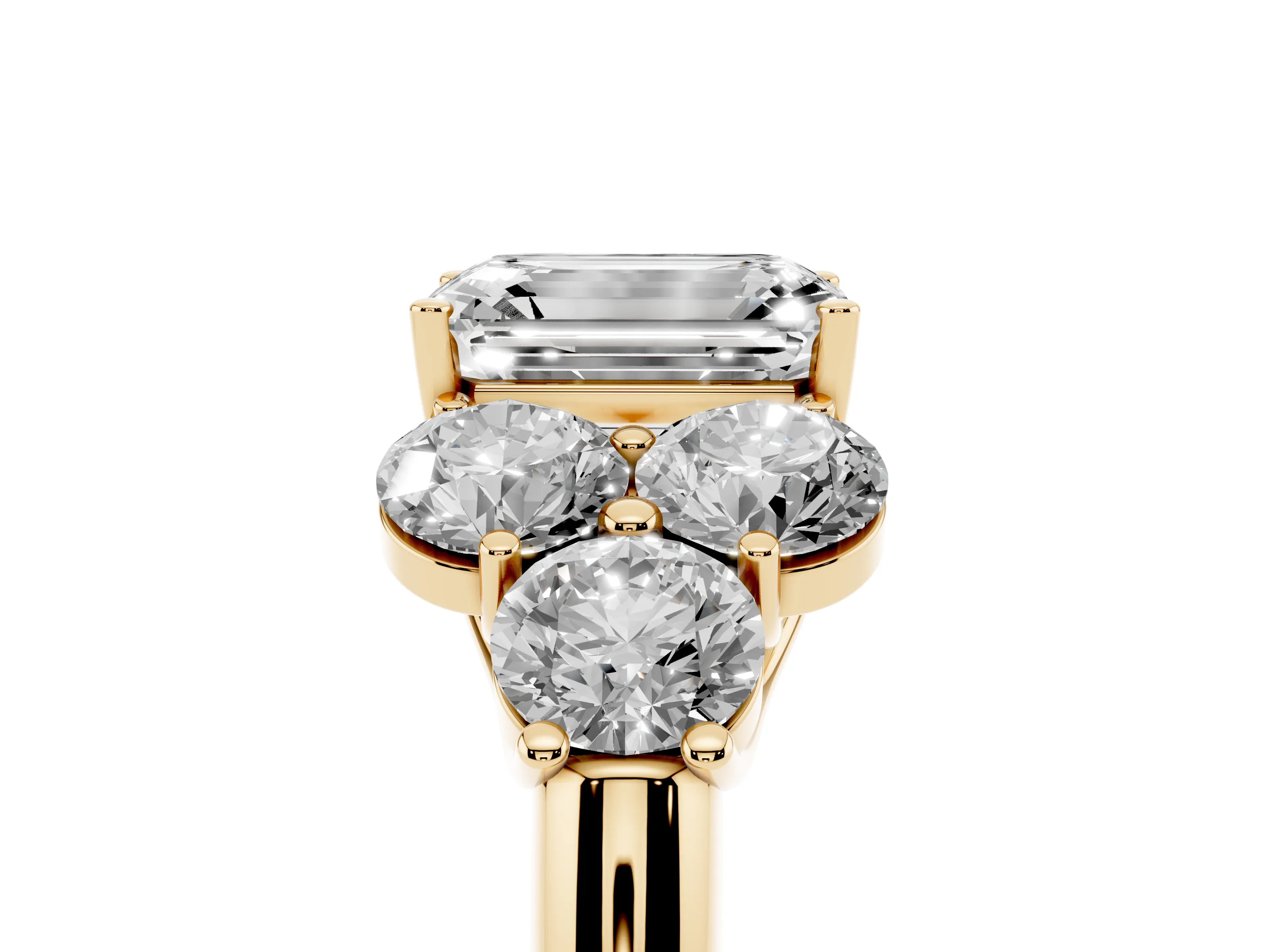 Emerald Cut Diamond Cluster Ring Set in Yellow gold with Round Accent Stones and Prong Setting on a Plain Band