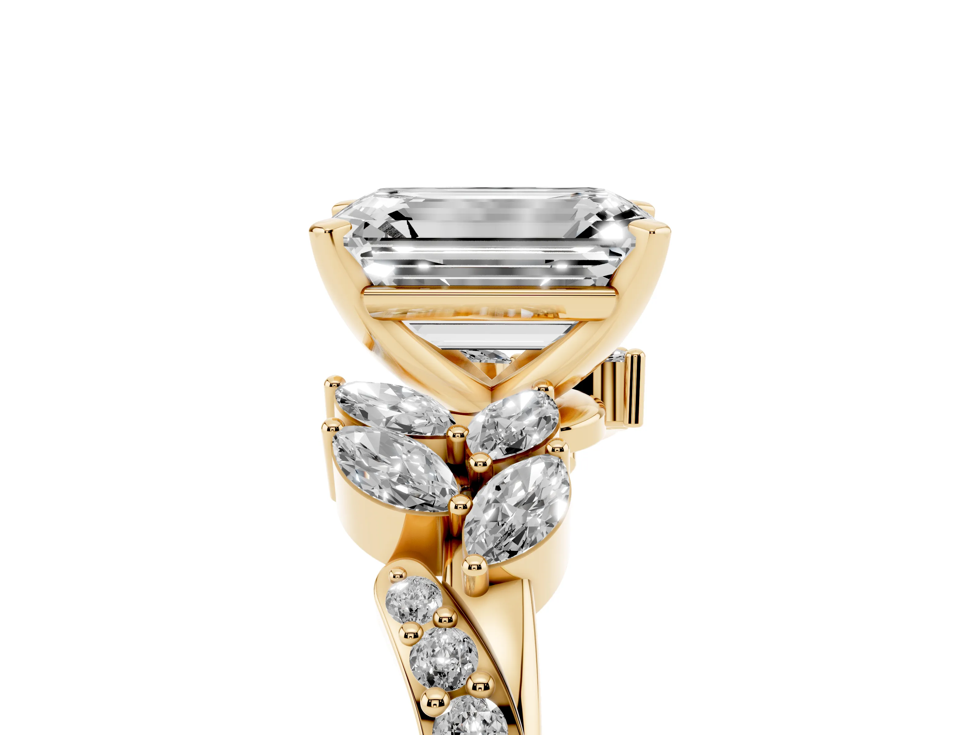 Emerald Cut Diamond Solitaire Ring Set in Yellow gold with Marquise Twist Band and Prong Setting