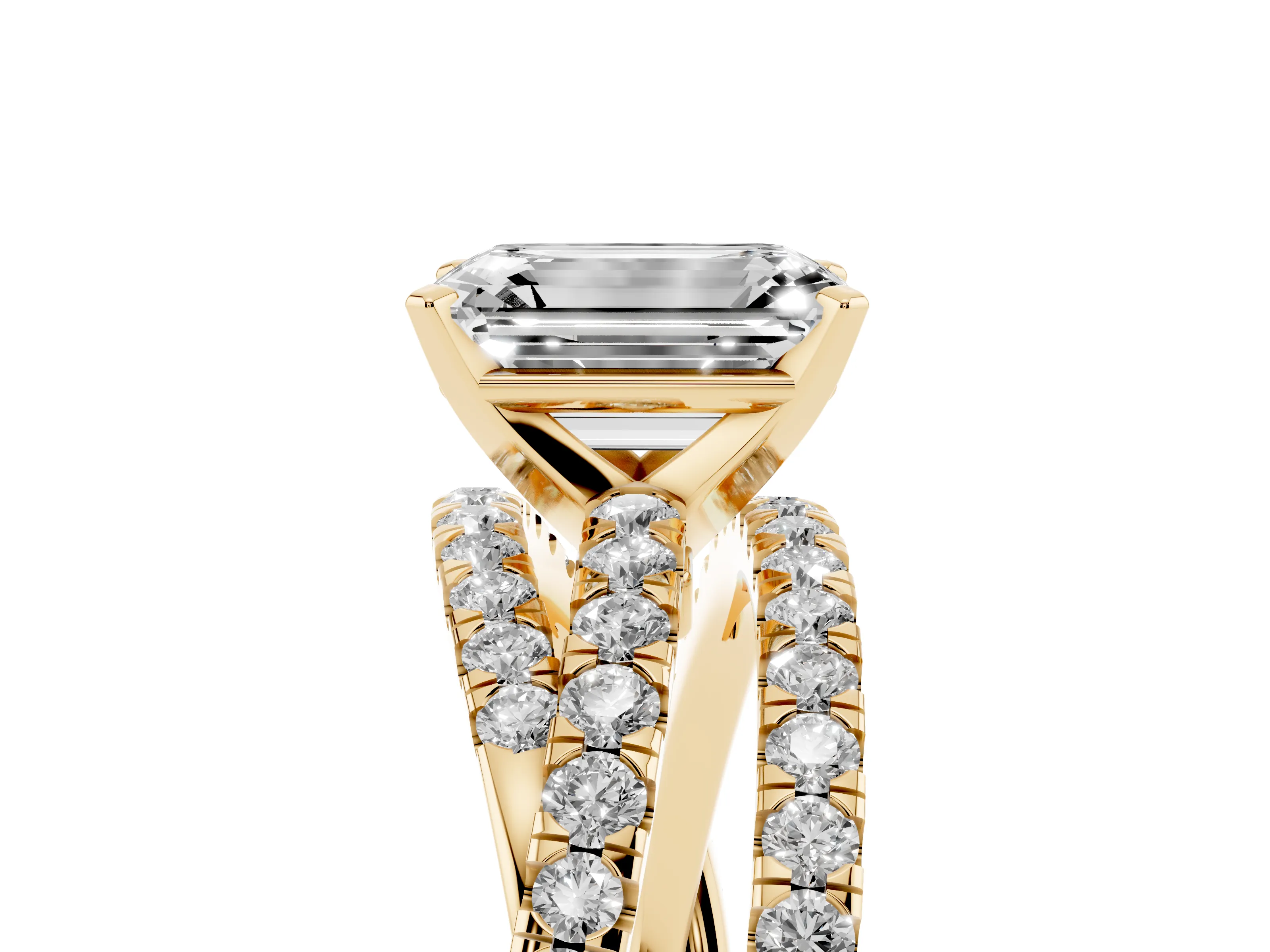 Emerald Cut Diamond Solitaire Twist Band Ring Set in Yellow gold with Pavé Setting and Prong Head