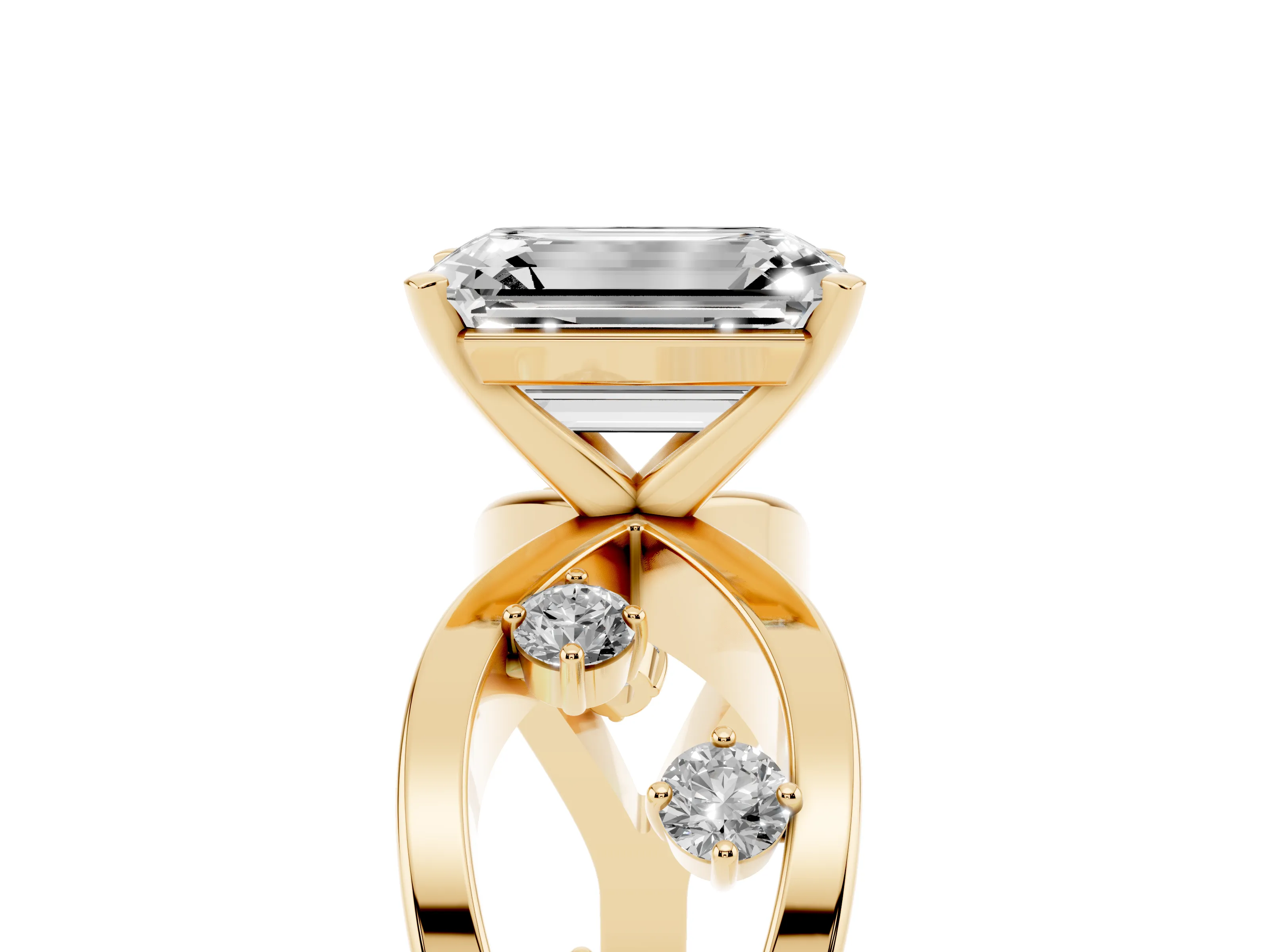 Emerald Cut Diamond Solitaire Ring Set in Yellow gold with Side Stones on Criss-Cross Band and Prong Setting