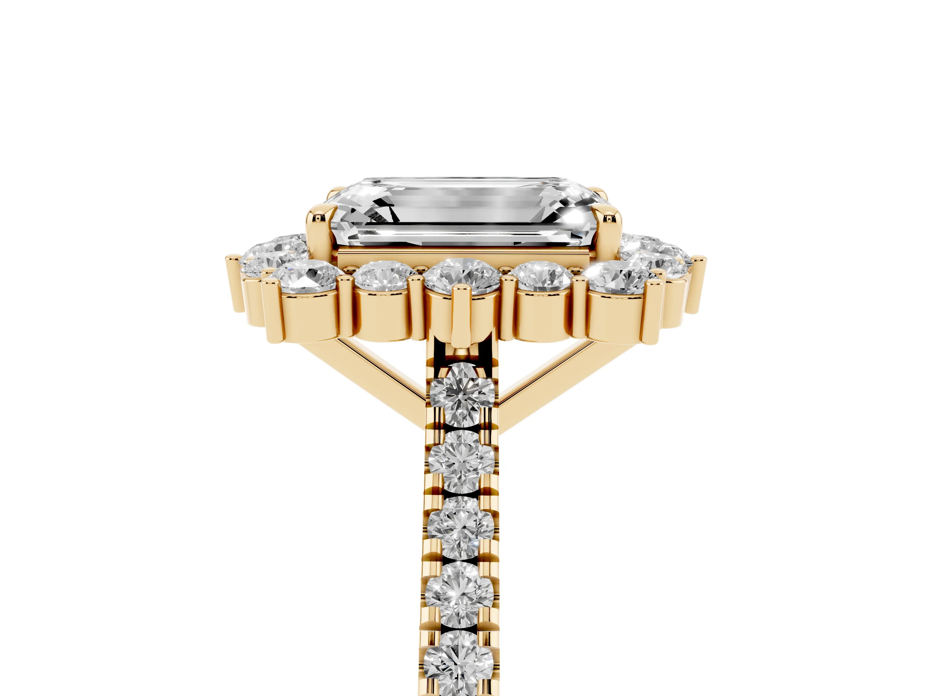 Emerald Cut Diamond Halo Ring Set in Yellow gold with Pavé Band and Prong Setting