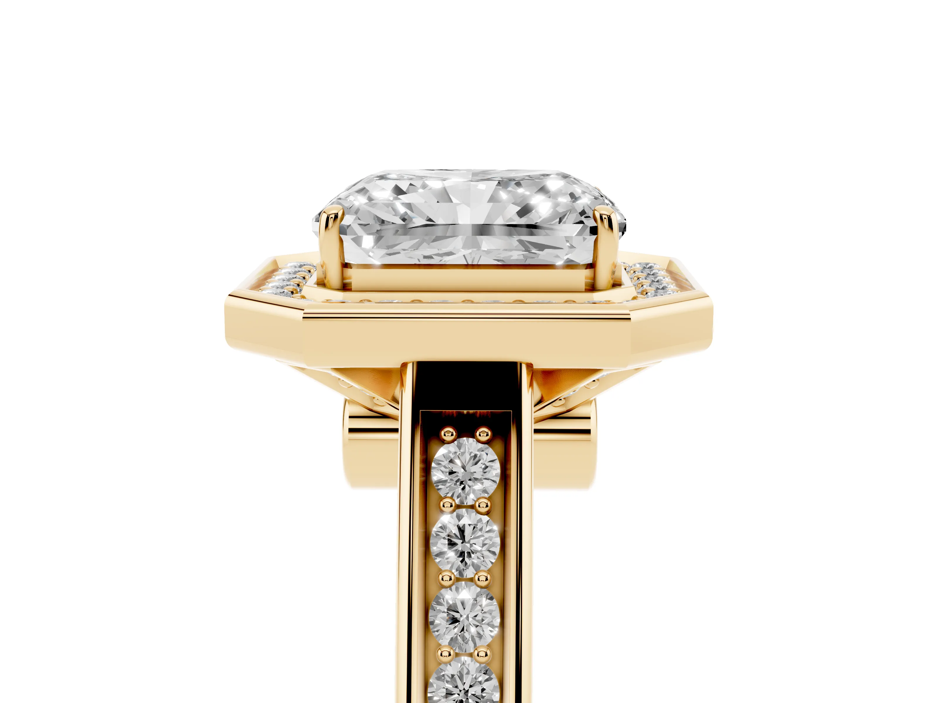Emerald Cut Diamond Halo Solitaire Ring Set in Yellow gold with Pavé Band and Bezel Setting