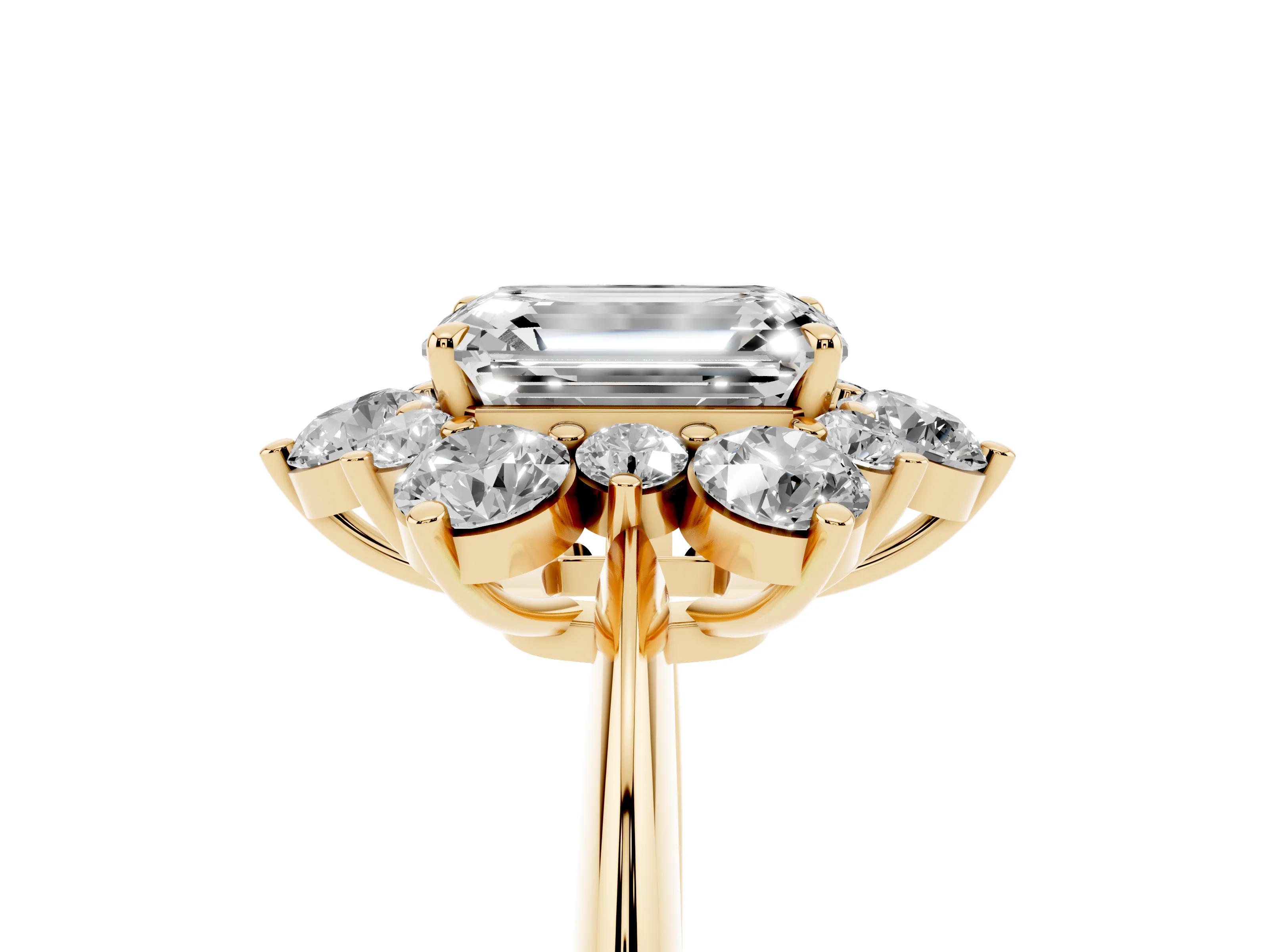 Emerald Cut Diamond Cluster Halo Ring Set in Yellow gold with Solitaire Band and Prong Setting