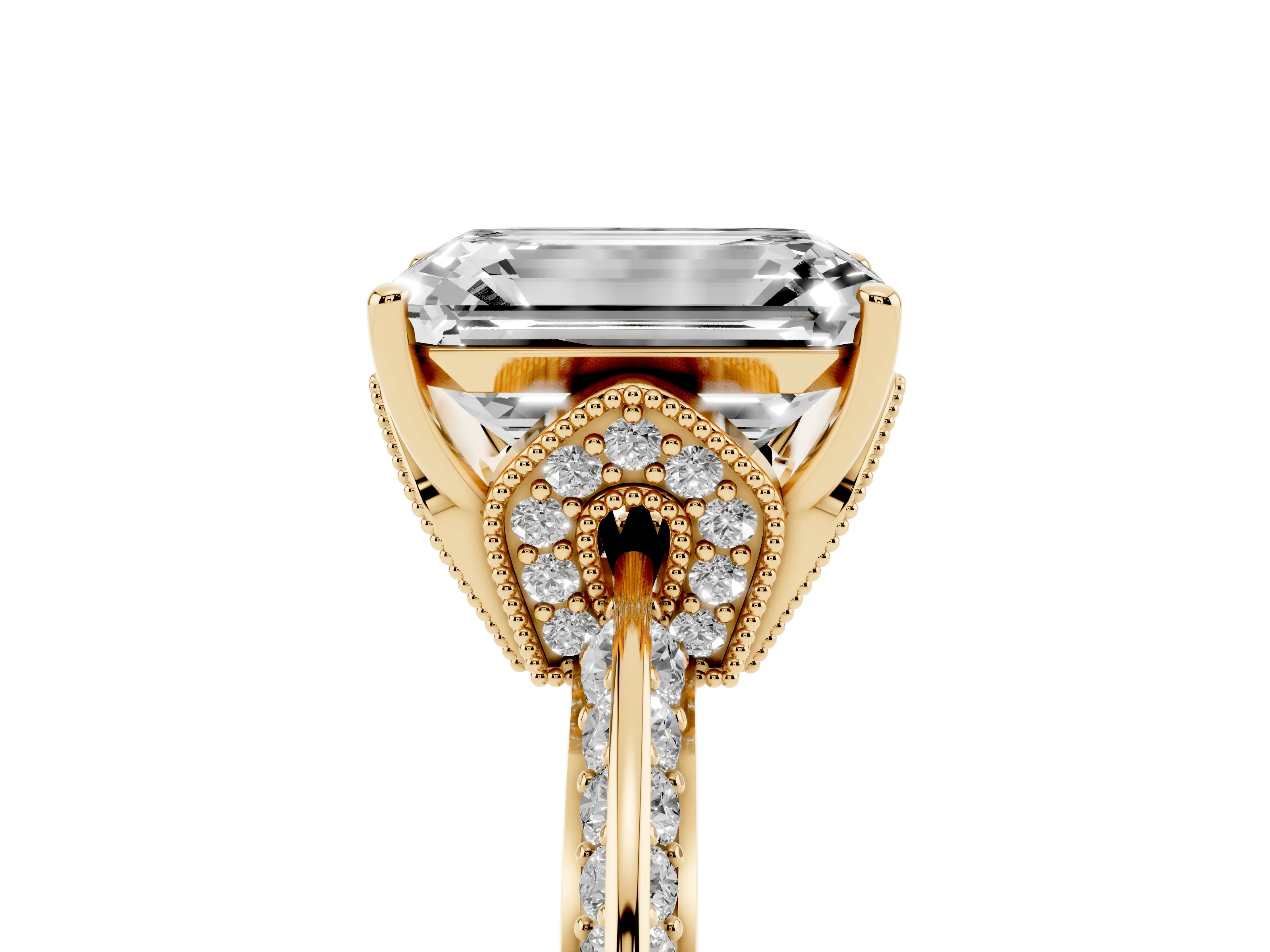 Emerald Cut Diamond Solitaire Engagement Ring Set in Yellow gold with Pavé Split Shank and Prong Setting