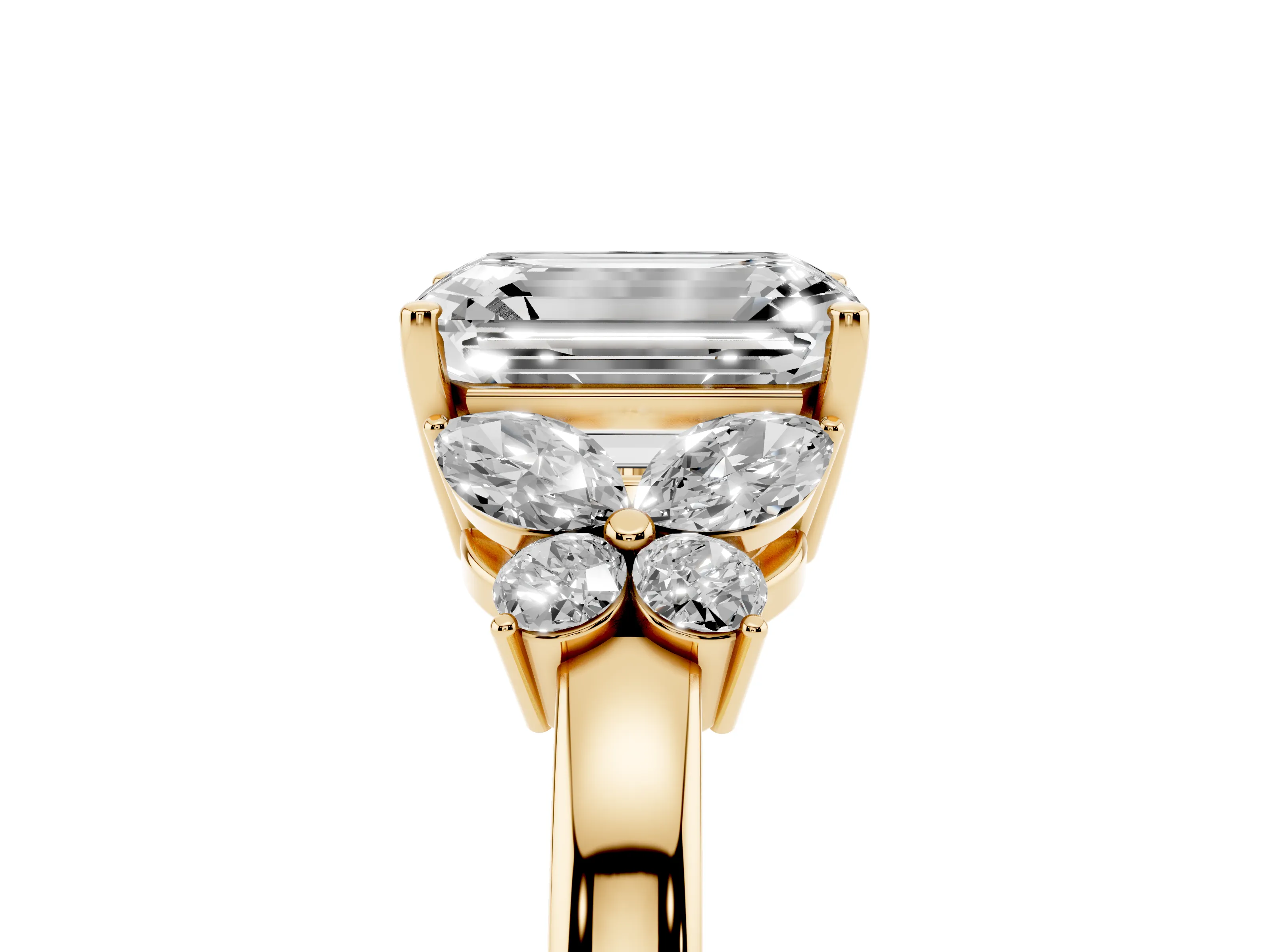 Emerald Cut Diamond Solitaire Floral Ring Set in Yellow gold with Marquise Petals and Prong Setting
