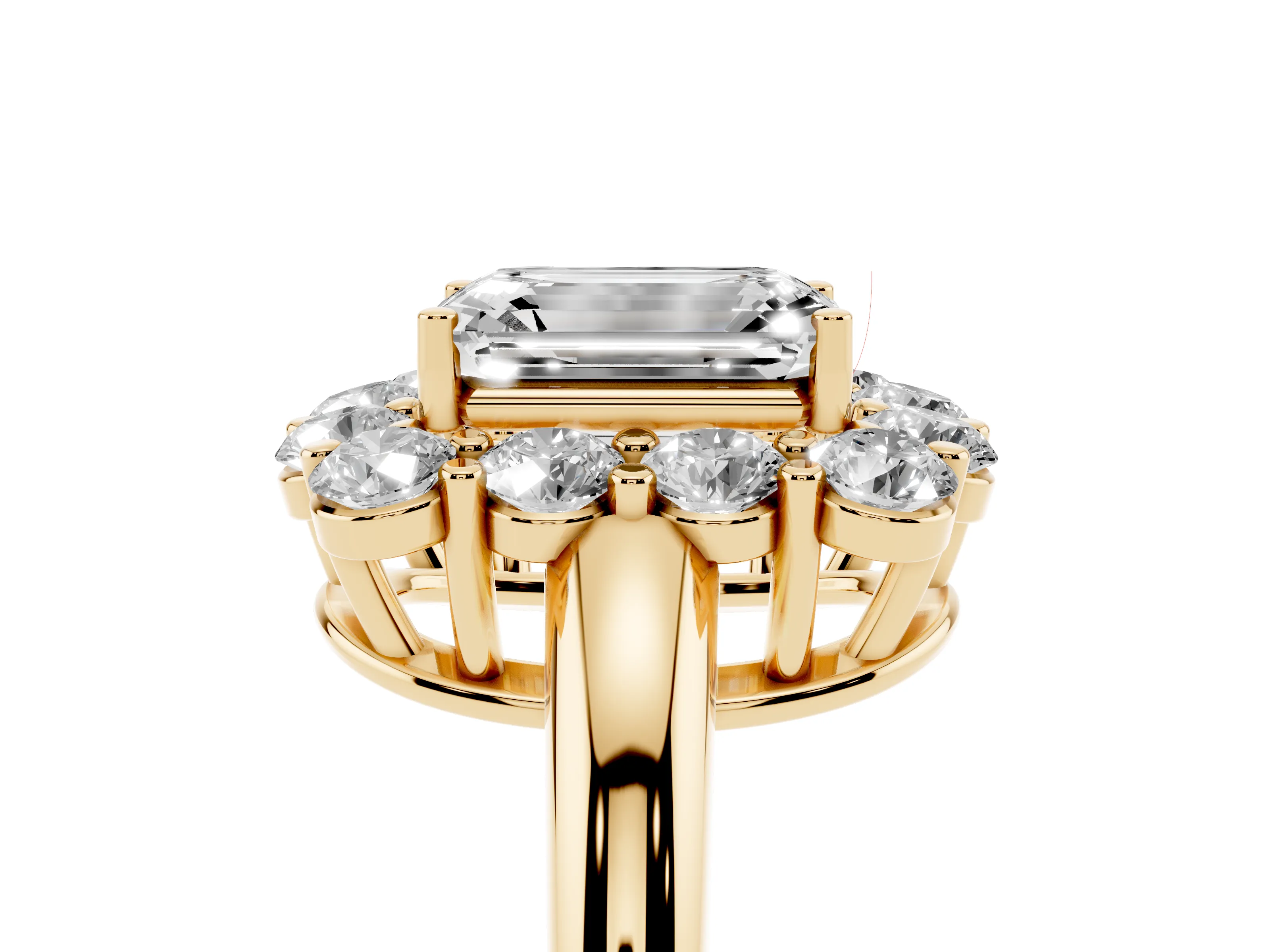 Emerald Cut Diamond Halo Cluster Engagement Ring Set in Yellow gold with Polished Band and Prong Setting