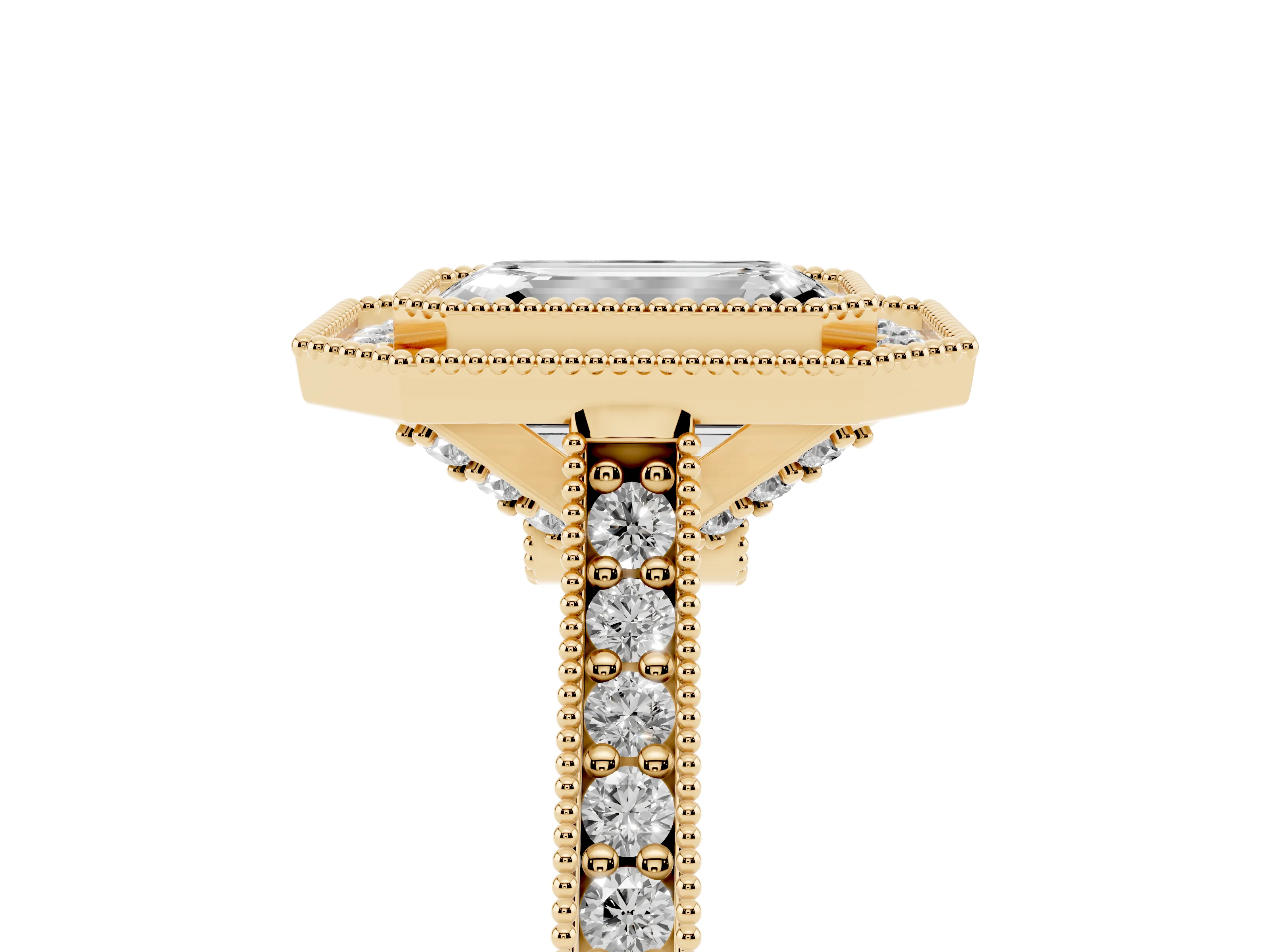Emerald Cut Diamond Halo Milgrain Pavé Band Ring Set in Yellow gold with Prong Setting