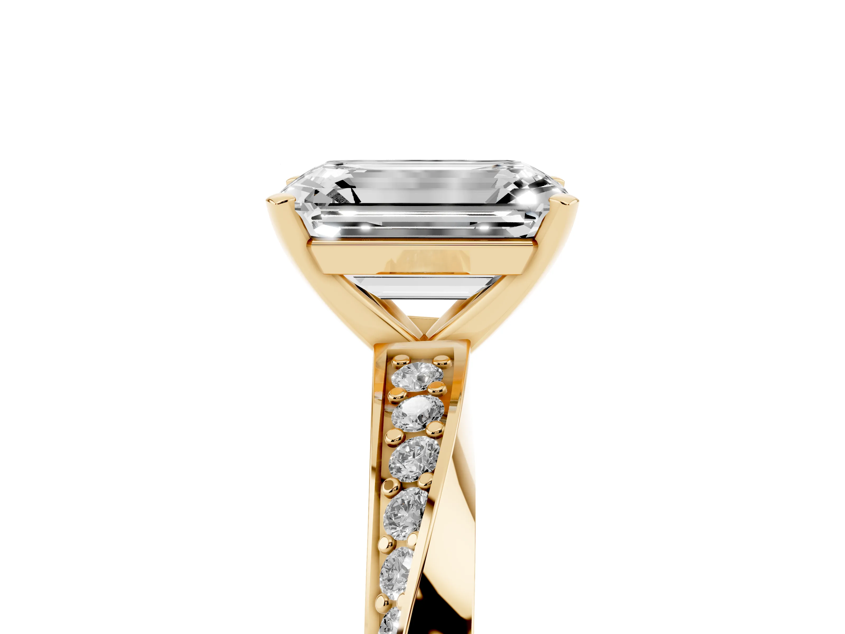 Emerald Cut Diamond Engagement Ring Set in Yellow gold with Side Stone Accents and Prong Setting