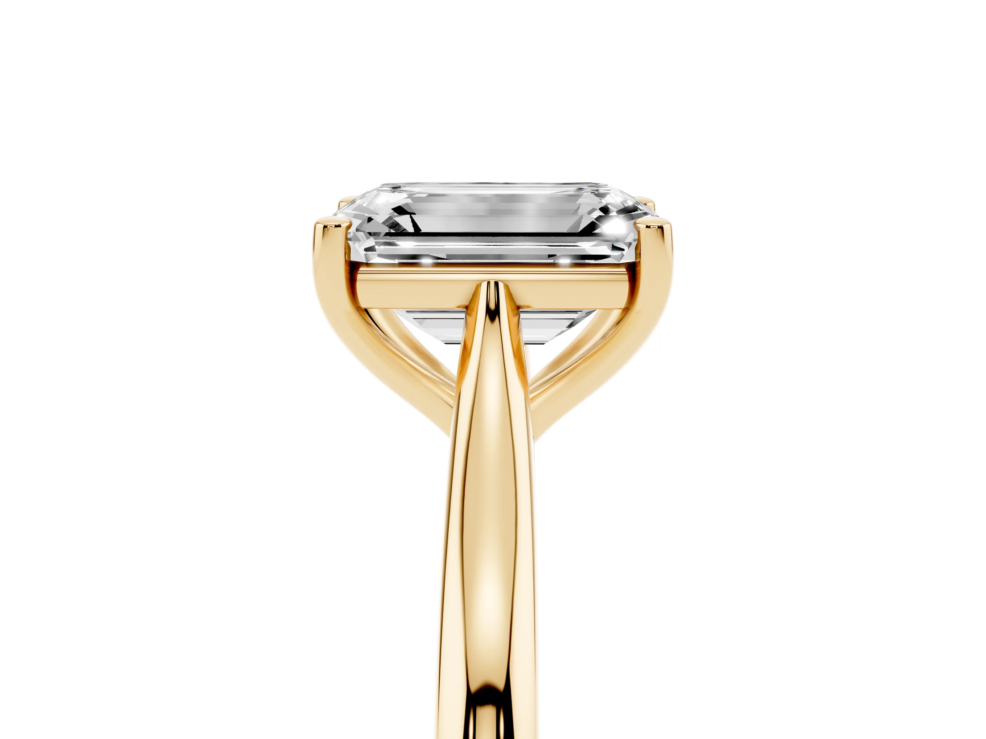 Emerald Cut Diamond Solitaire Ring Set in Yellow gold with Cathedral Band and Prong Setting