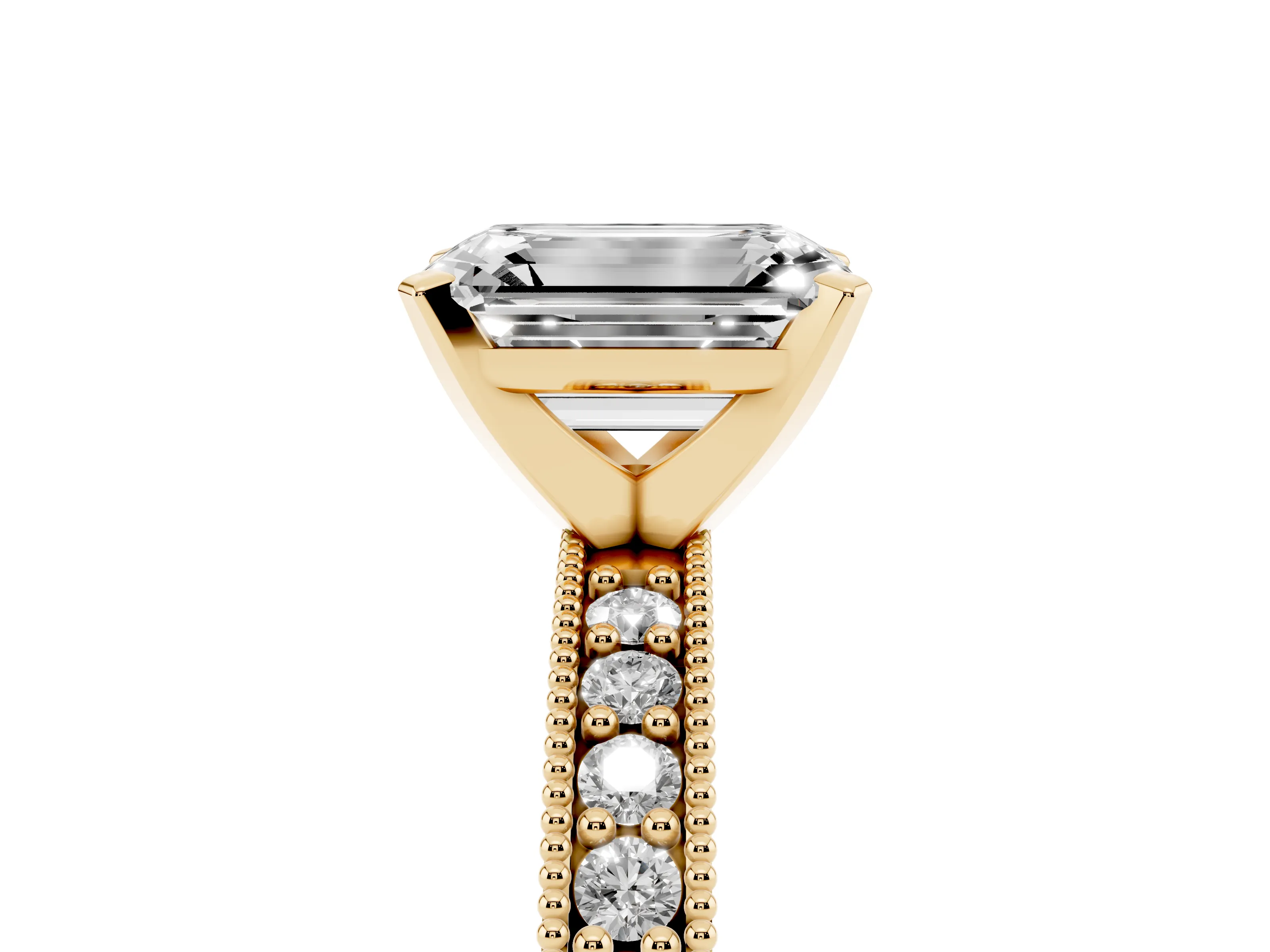 Emerald Cut Diamond Milgrain Pavé Engagement Ring Set in Yellow gold with Prong Setting