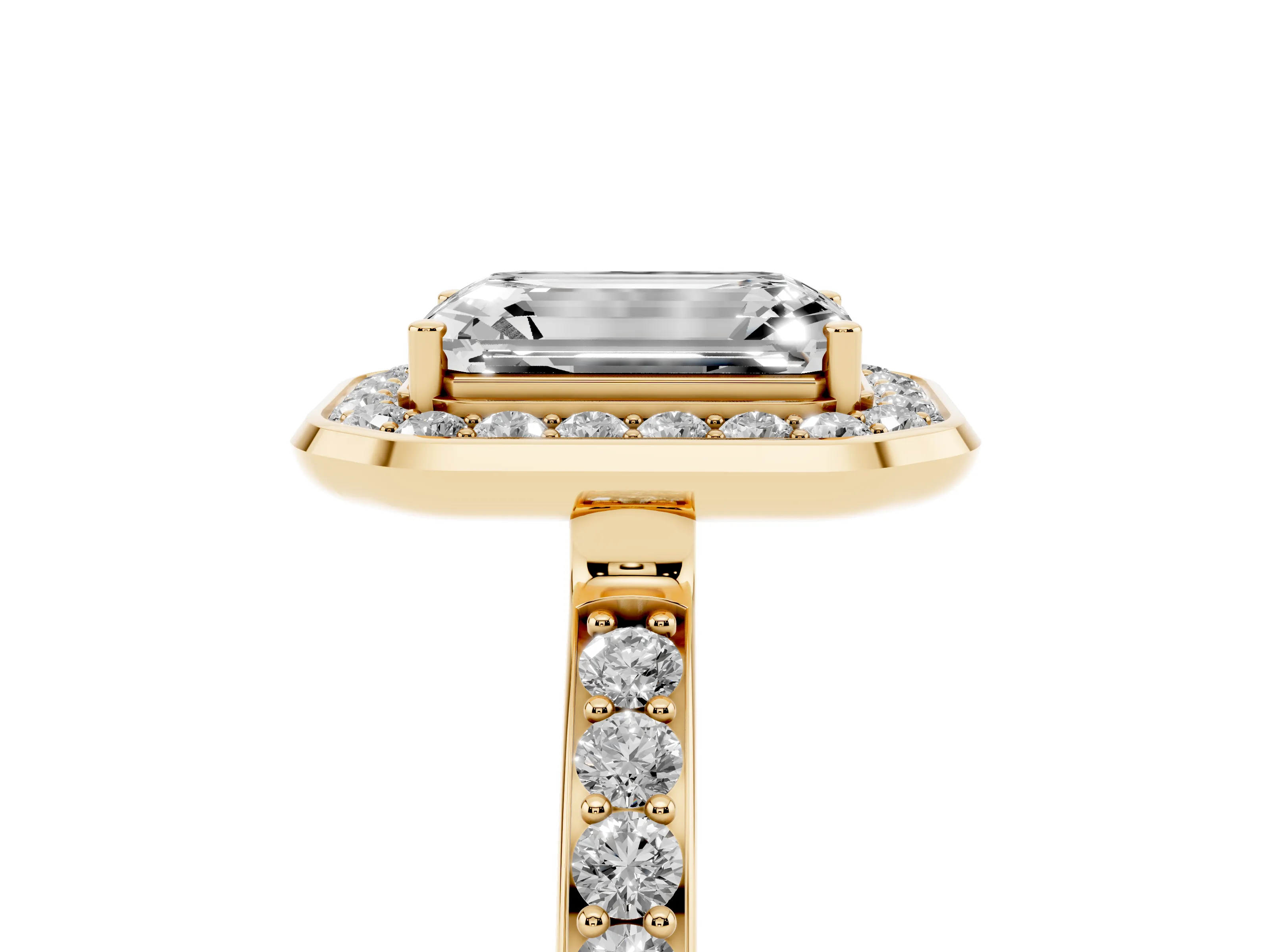 Emerald Cut Diamond Halo Ring Set in Yellow gold with Bezel Frame and Pavé Band