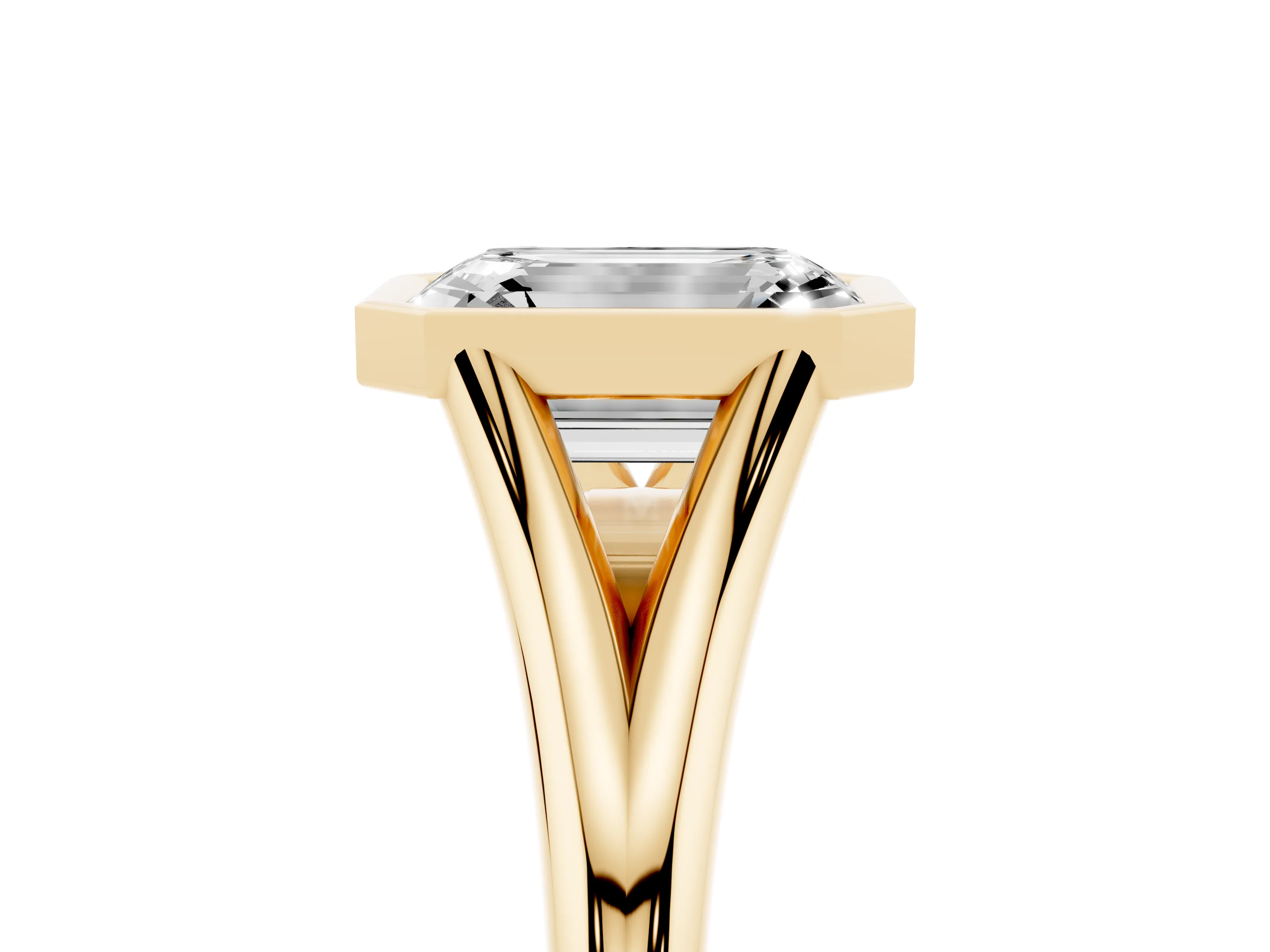 Bezel Set Emerald Cut Diamond Solitaire Ring Set in Yellow gold with Tapered Band