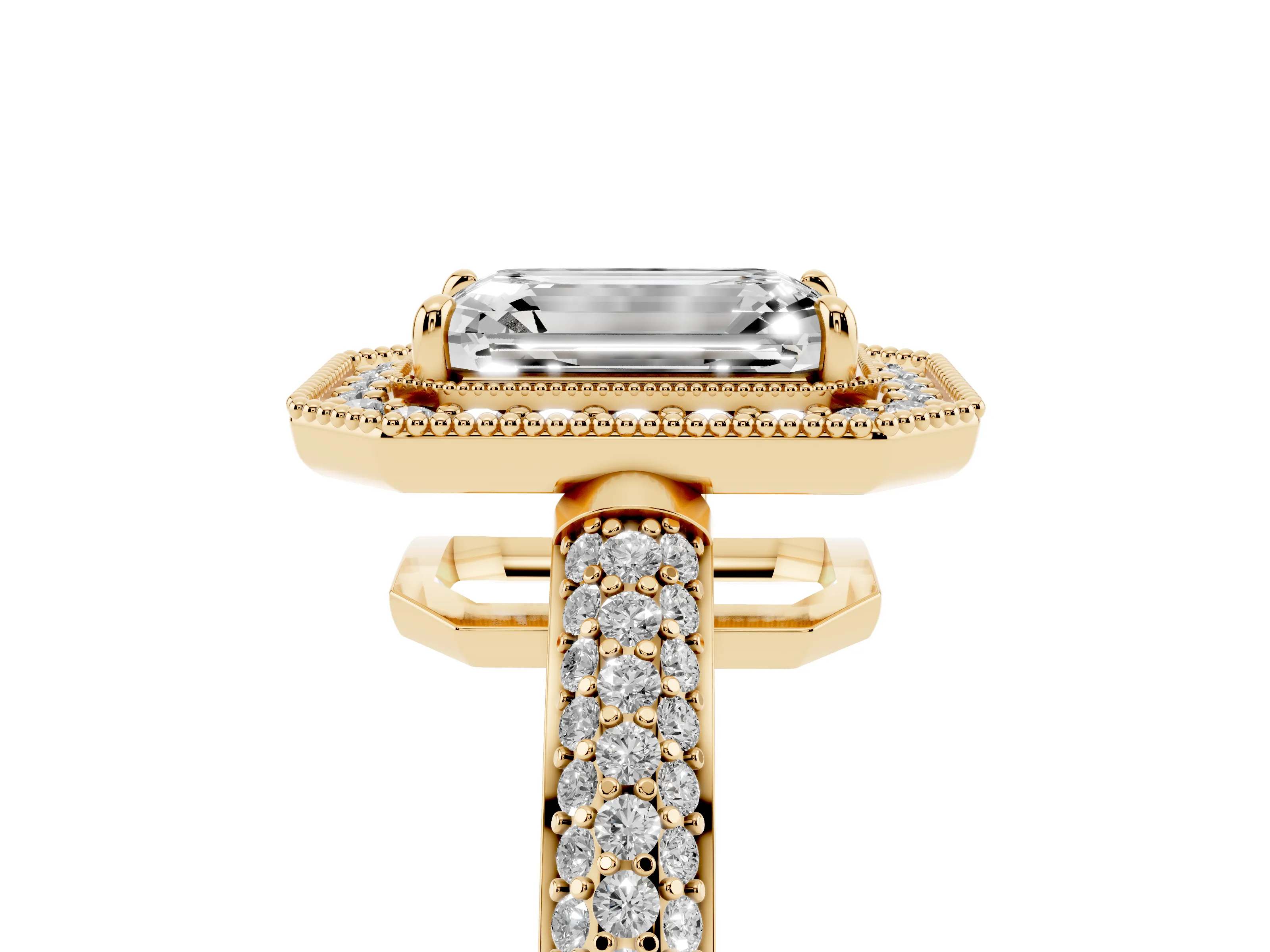 Emerald Cut Diamond Halo Pavé Band Set in Yellow gold with Prong Setting