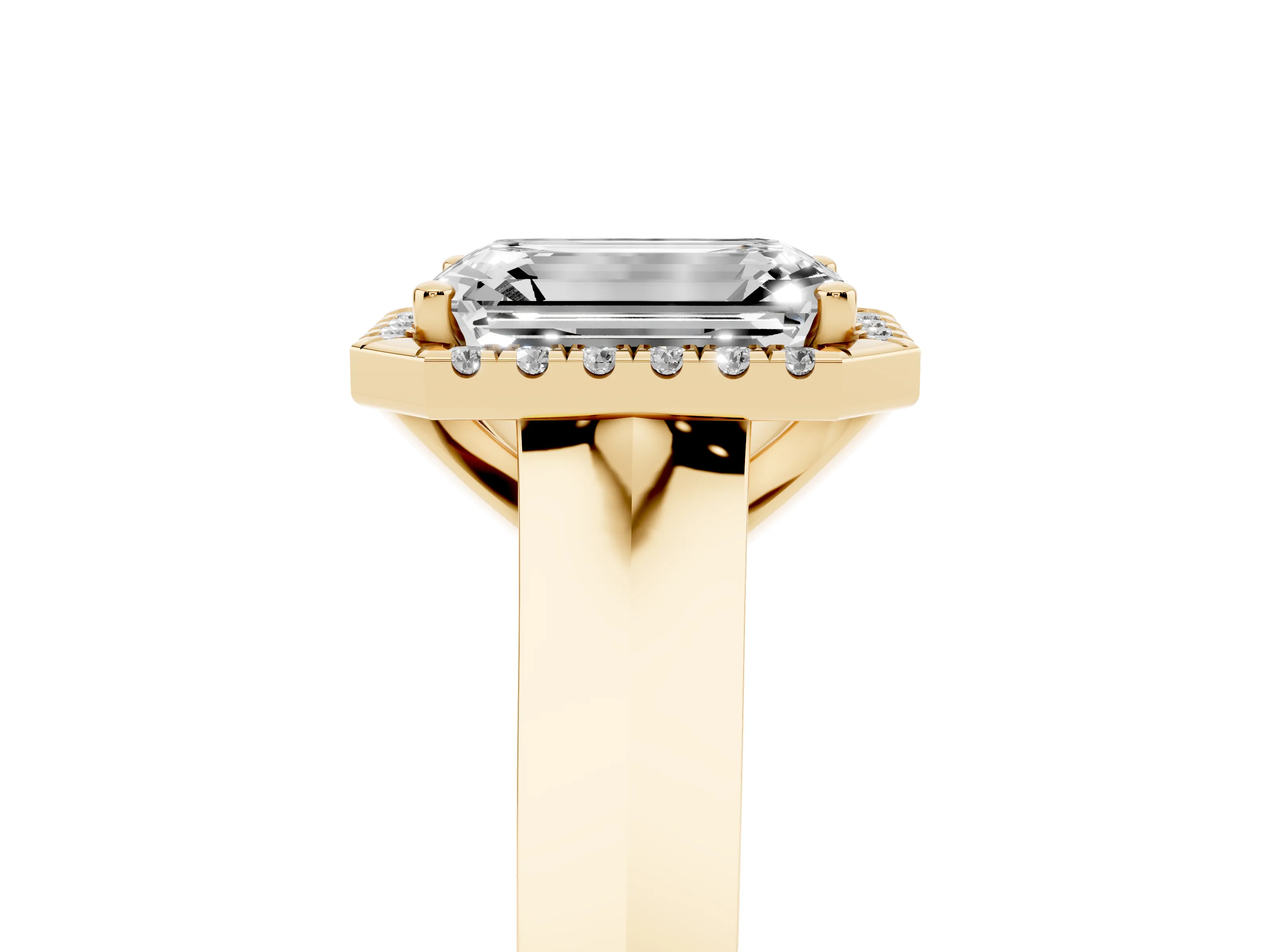 Emerald Cut Diamond Halo Ring Set in Yellow gold with Cathedral Band and Prong Setting