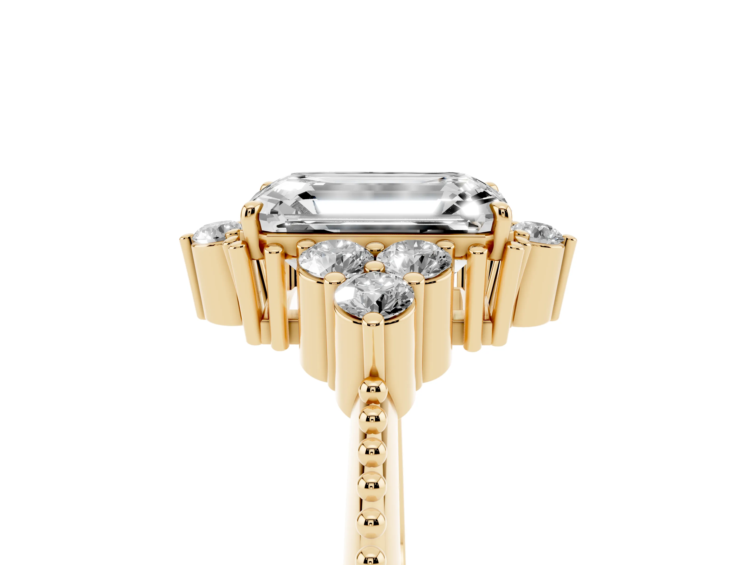Emerald Cut Diamond Cluster Ring Set in Yellow gold with Beaded Band