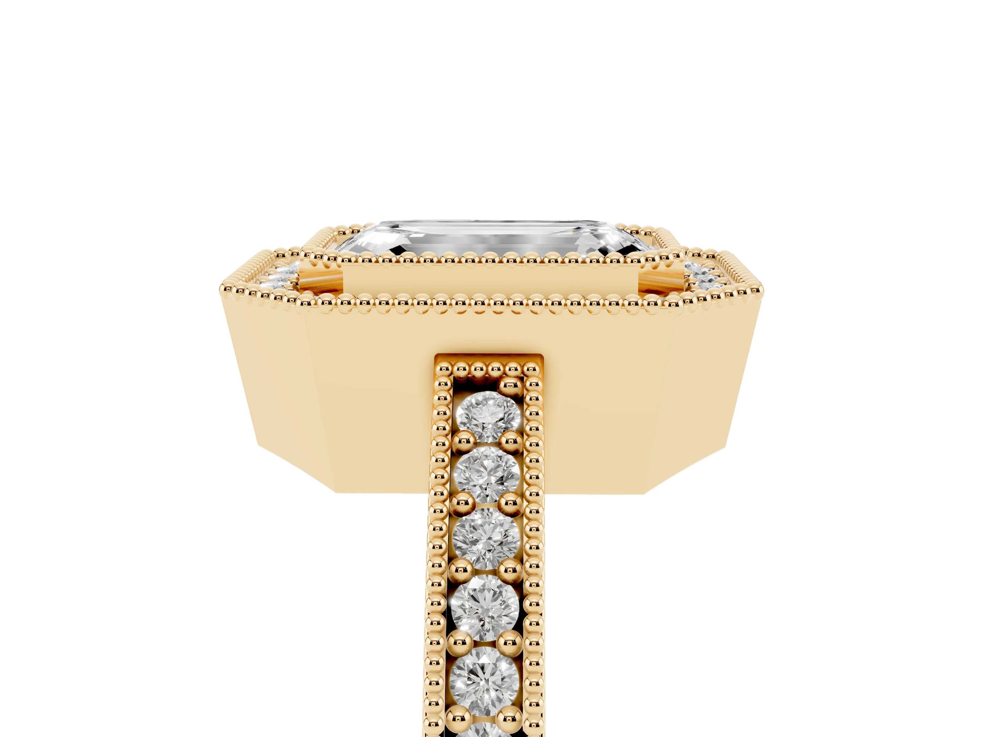 Emerald Cut Diamond Halo Engagement Ring Set in Yellow gold with Pavé Band and Round Halo Stones
