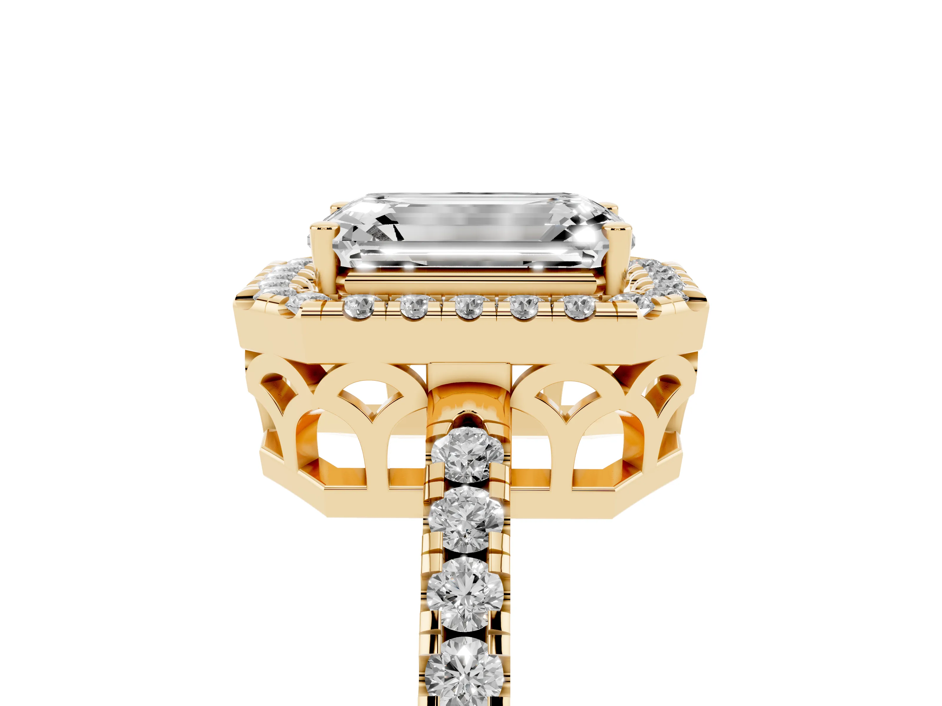 Emerald Cut Diamond Pavé Band Halo Engagement Ring Set in Yellow gold with Prong Setting