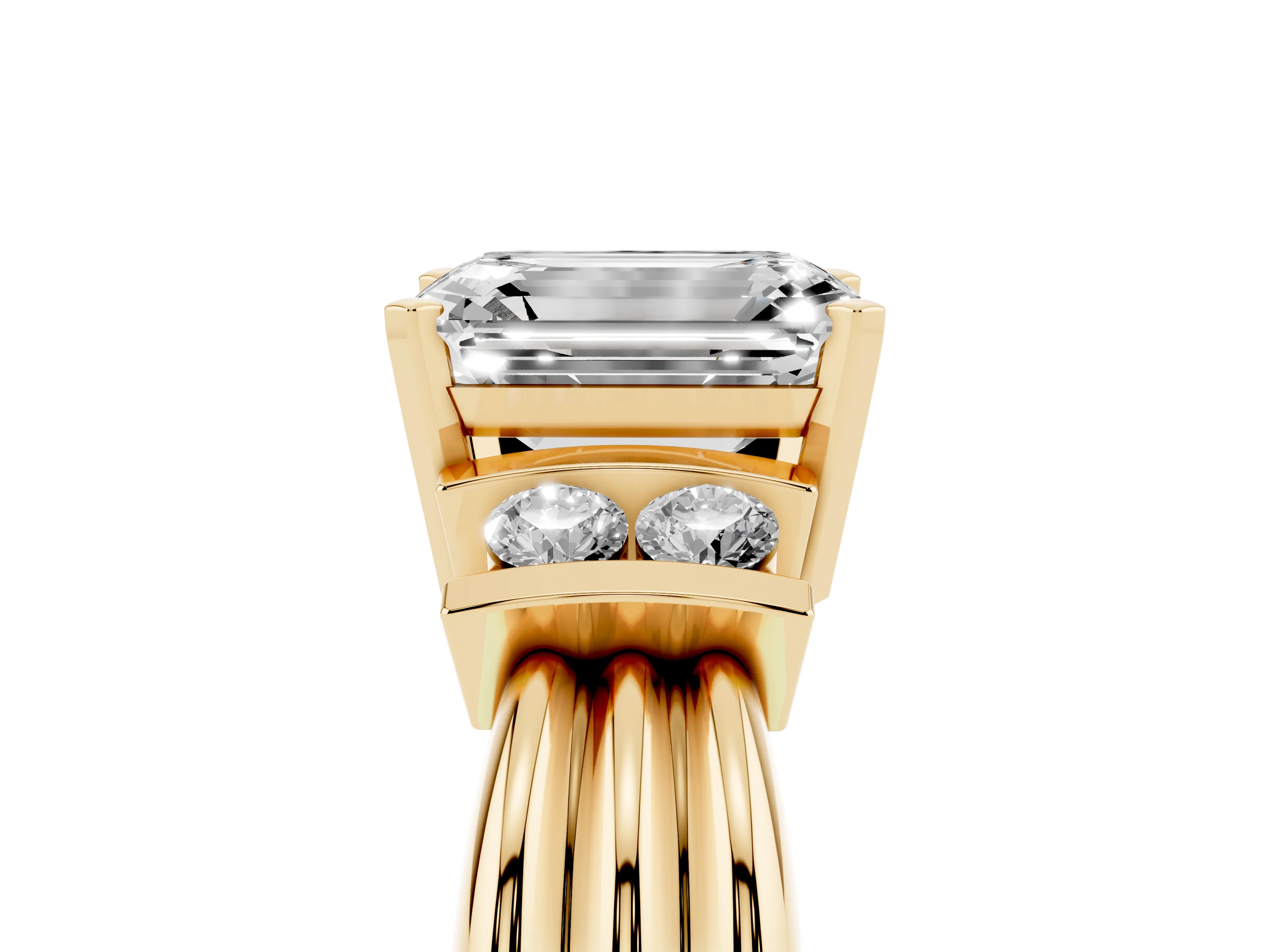 Three-Stone Emerald Cut Diamond Channel Set Ring Set in Yellow gold with Bar Prongs